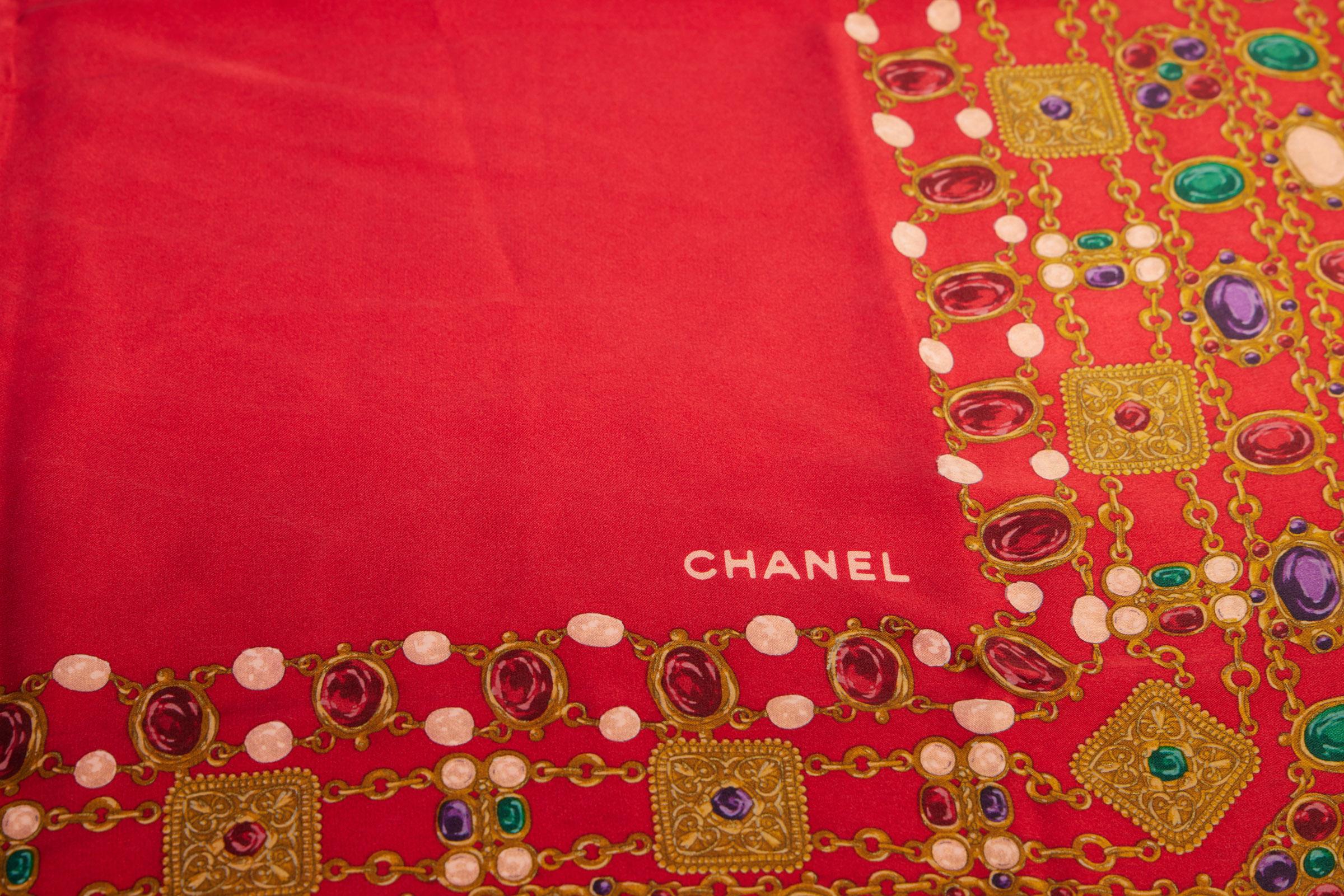 Chanel vintage red silk scarf with gripoix jewels design. Hand rolled edges .