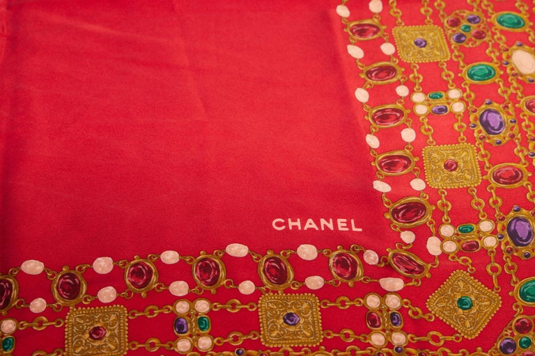 1990's Chanel Red Silk Gripoix Jewels Scarf