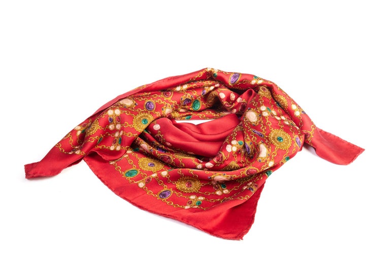 1990's Chanel Red Silk Gripoix Jewels Scarf For Sale at 1stDibs