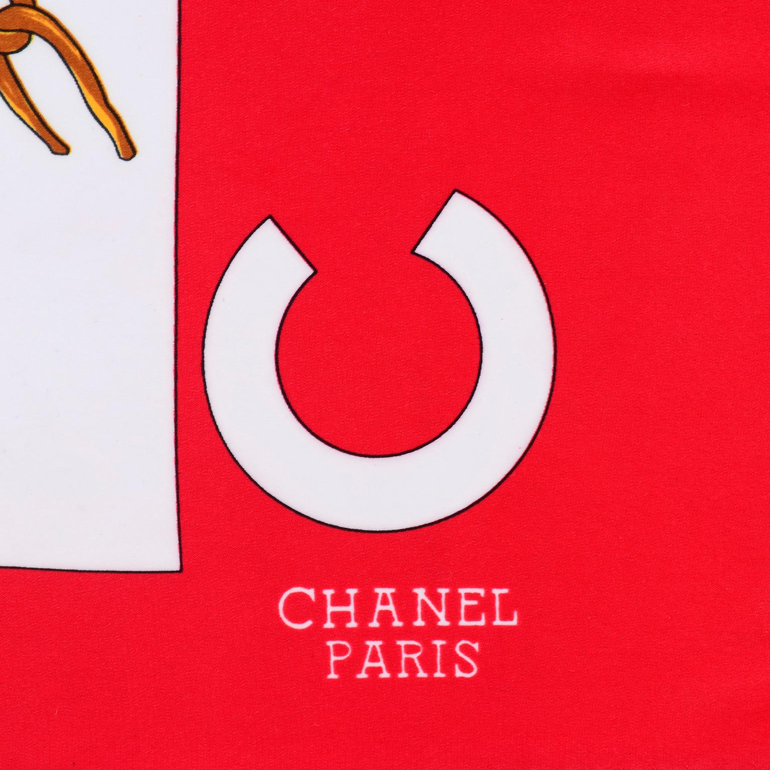 1990s Chanel Red & White Silk Scarf W/ Woman in Hat Earrings  & Pearls 1