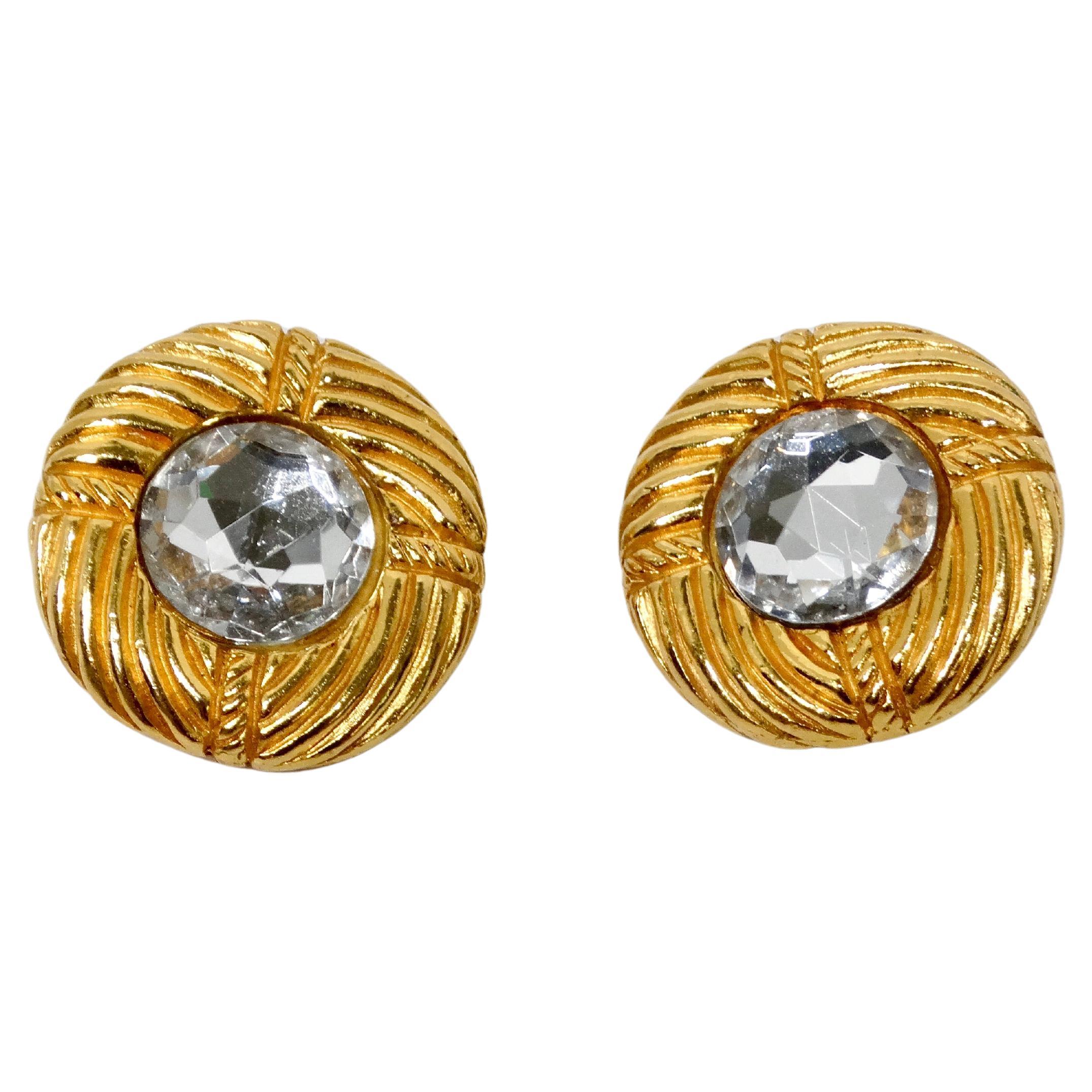 1990s Chanel Round Gold Tone Ribbed Rhinestone Clip-On Earrings
