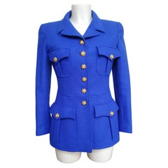 Vintage 1990s Chanel Royal Blue Wool Jacket with Jewel Buttons, Size38