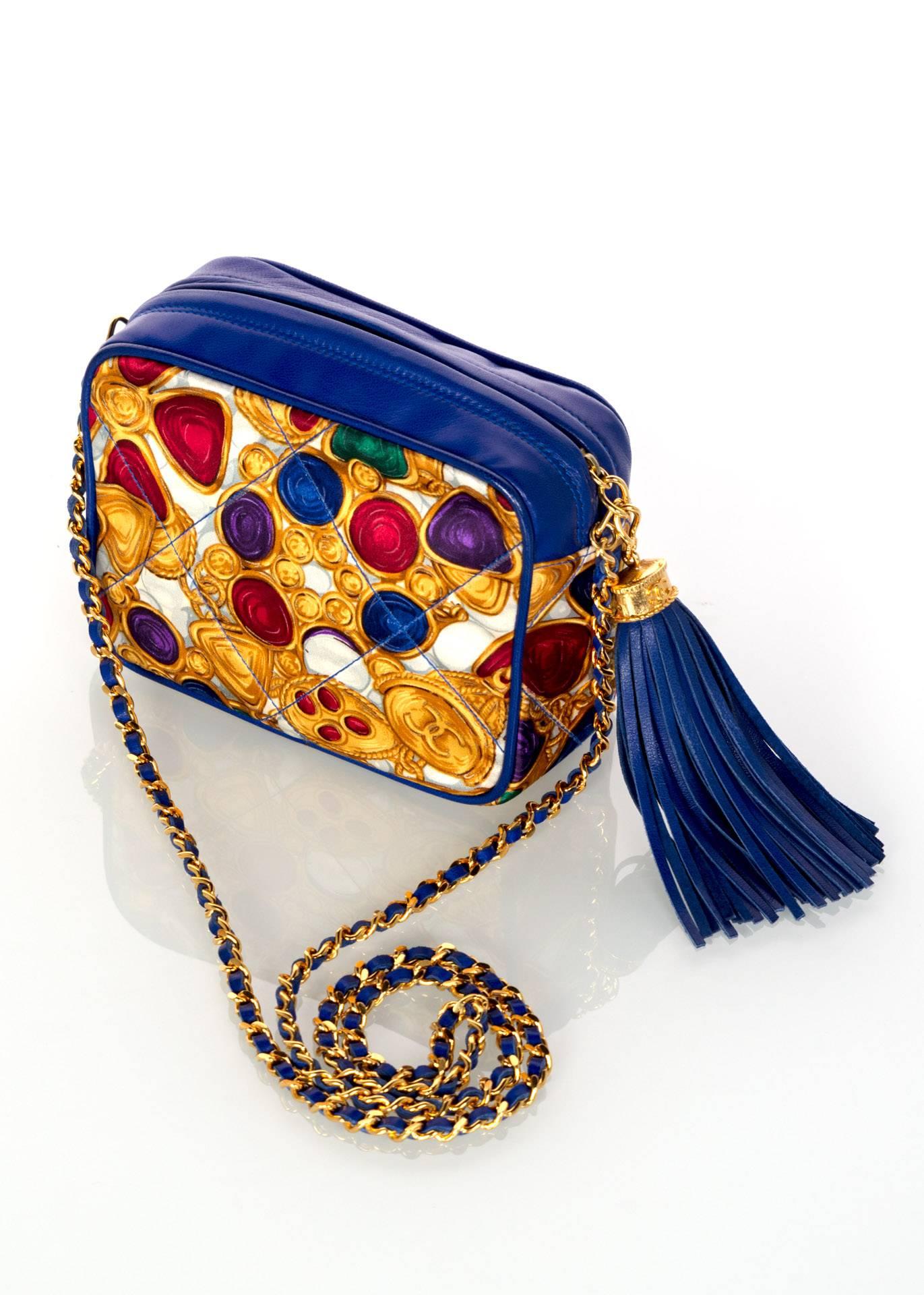 1990s Chanel Silk Gripoix Jewel Print Blue Leather Tassel Chain Crossbody Bag In Excellent Condition For Sale In Boca Raton, FL