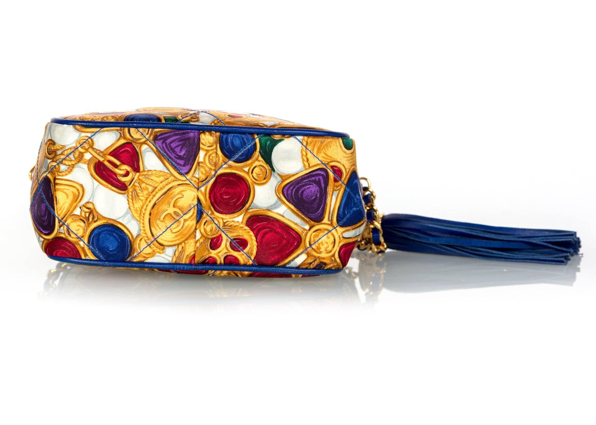 1990s Chanel Silk Gripoix Jewel Print Blue Leather Tassel Chain Crossbody Bag For Sale 2