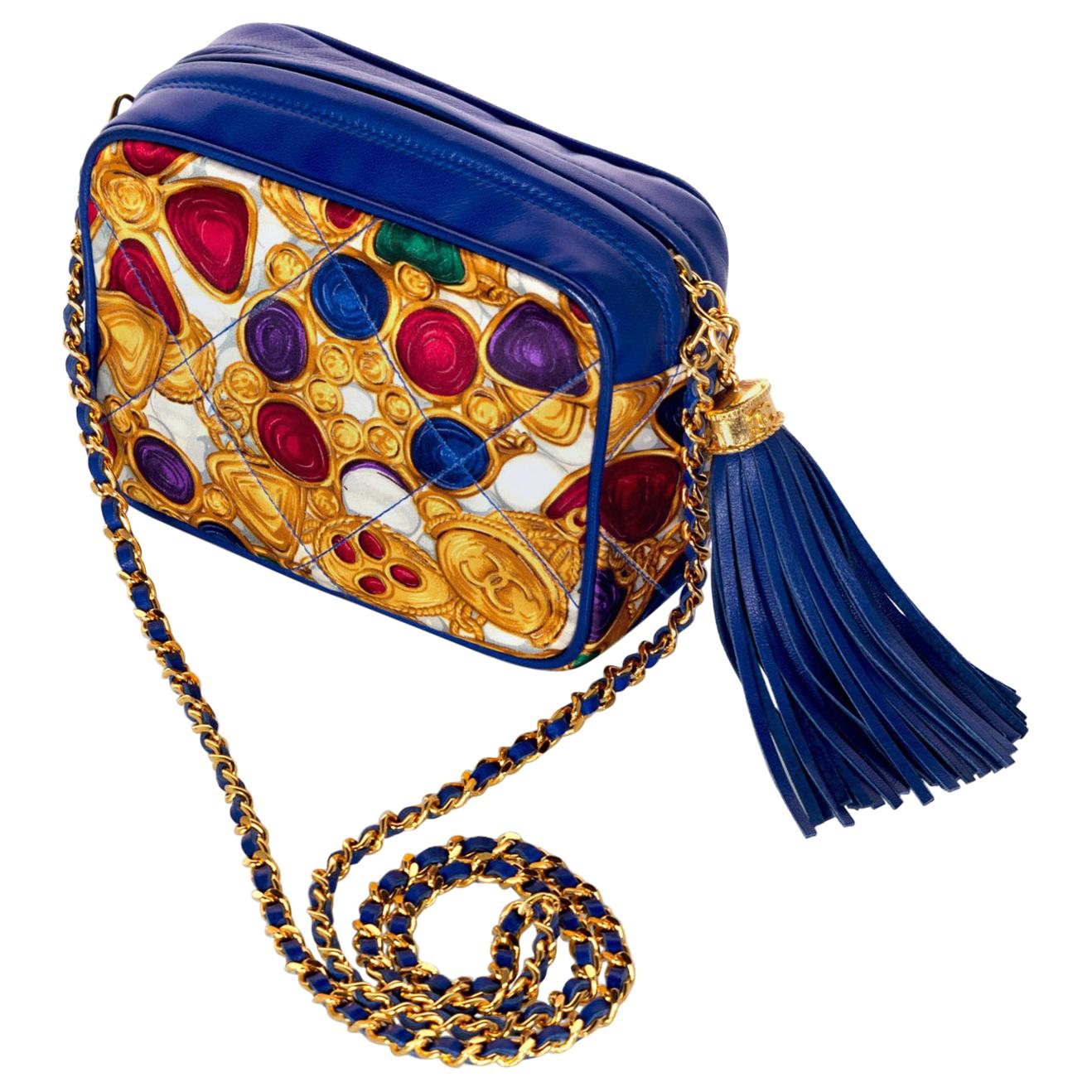 1990s Chanel Silk Gripoix Jewel Print Blue Leather Tassel Chain Crossbody Bag For Sale