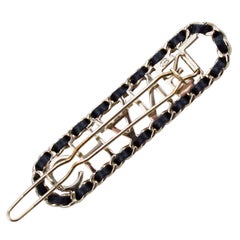 1990s Chanel Silver Metal and Black Leather Hair Barrette