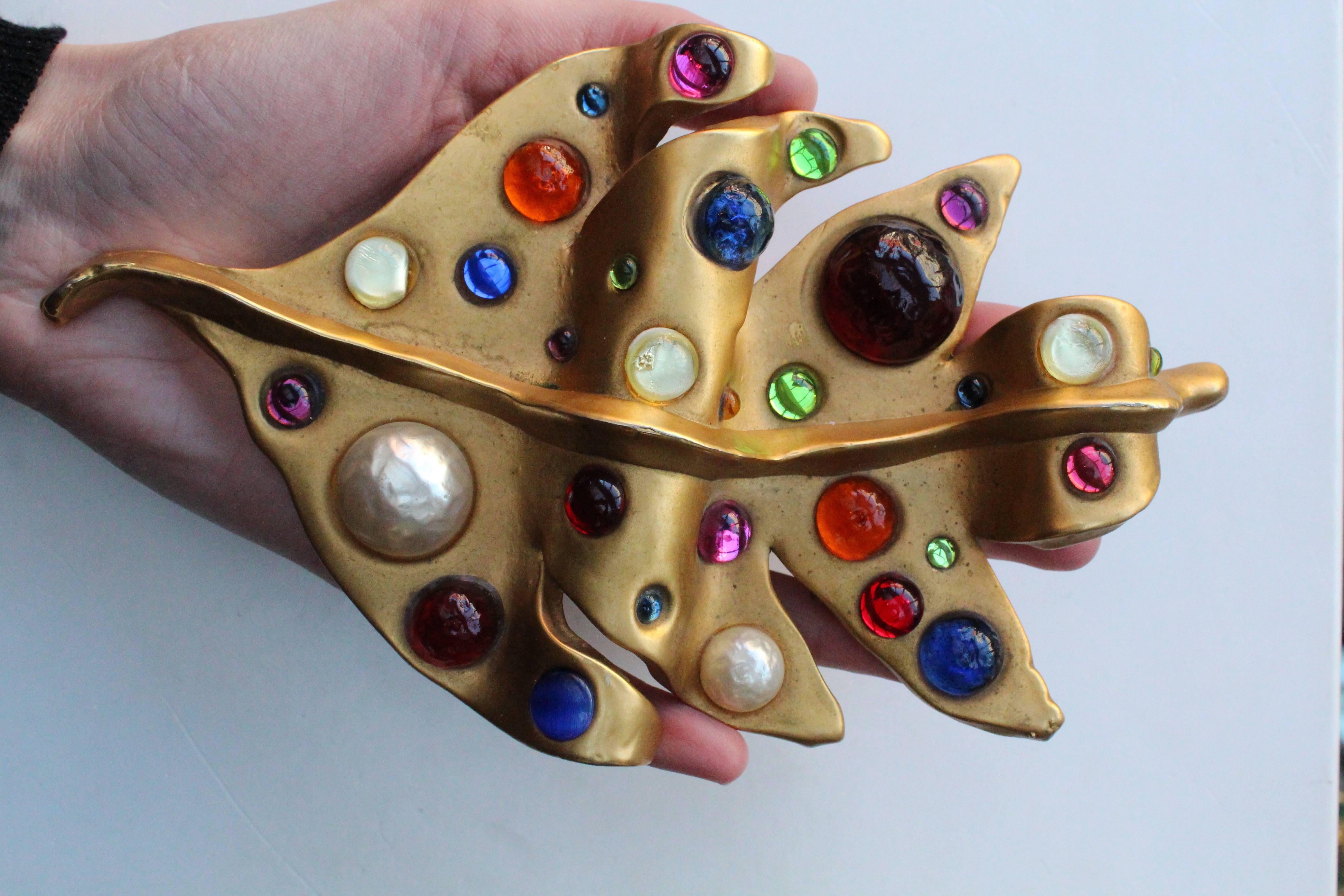 Women's Chanel spectacular leaf-shaped brooch with multi color cabochons, 1990s 
