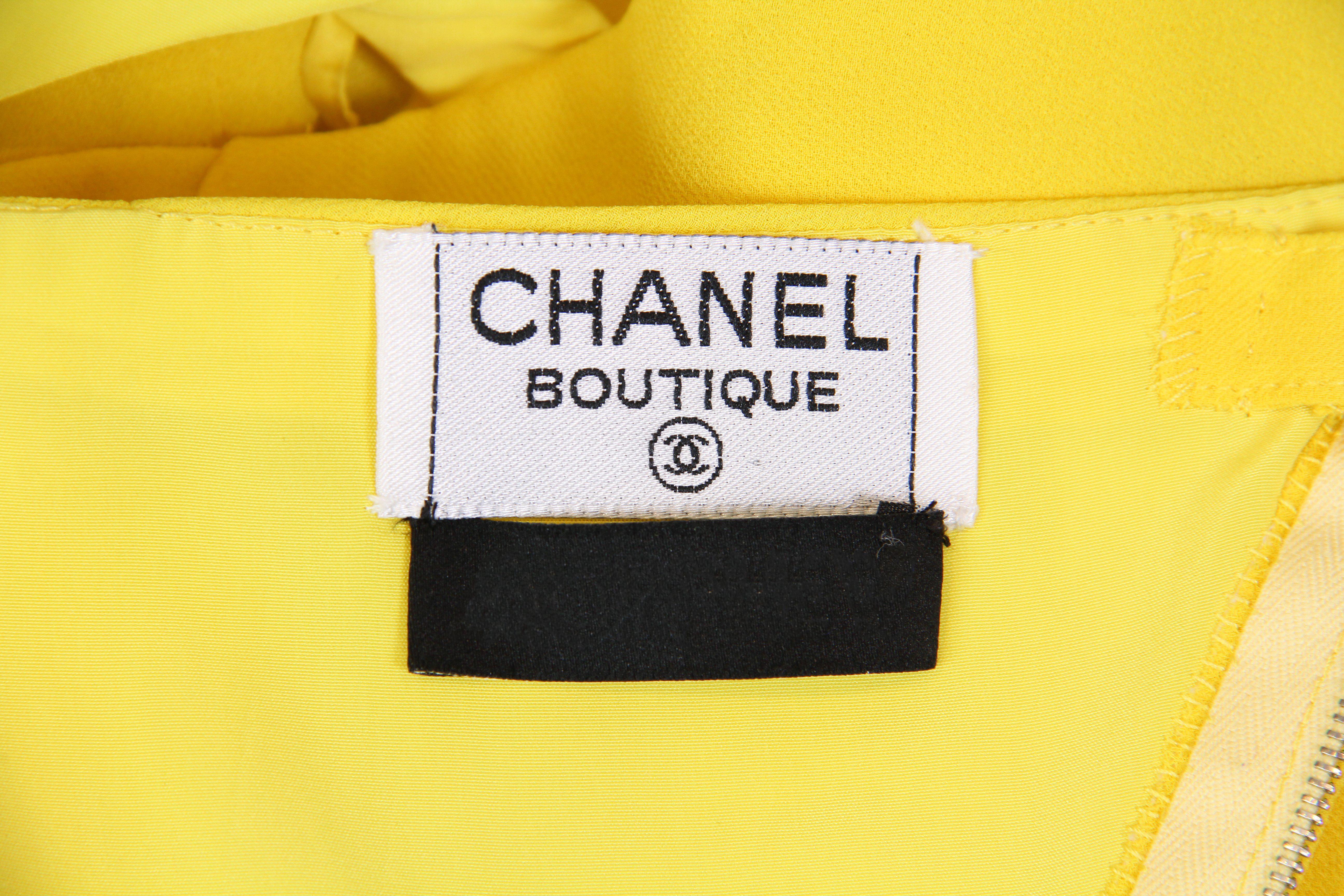 1990S CHANEL Lemmon Yellow Silk Crepe Chiffon Strapless Empire Waist Dress With For Sale 2