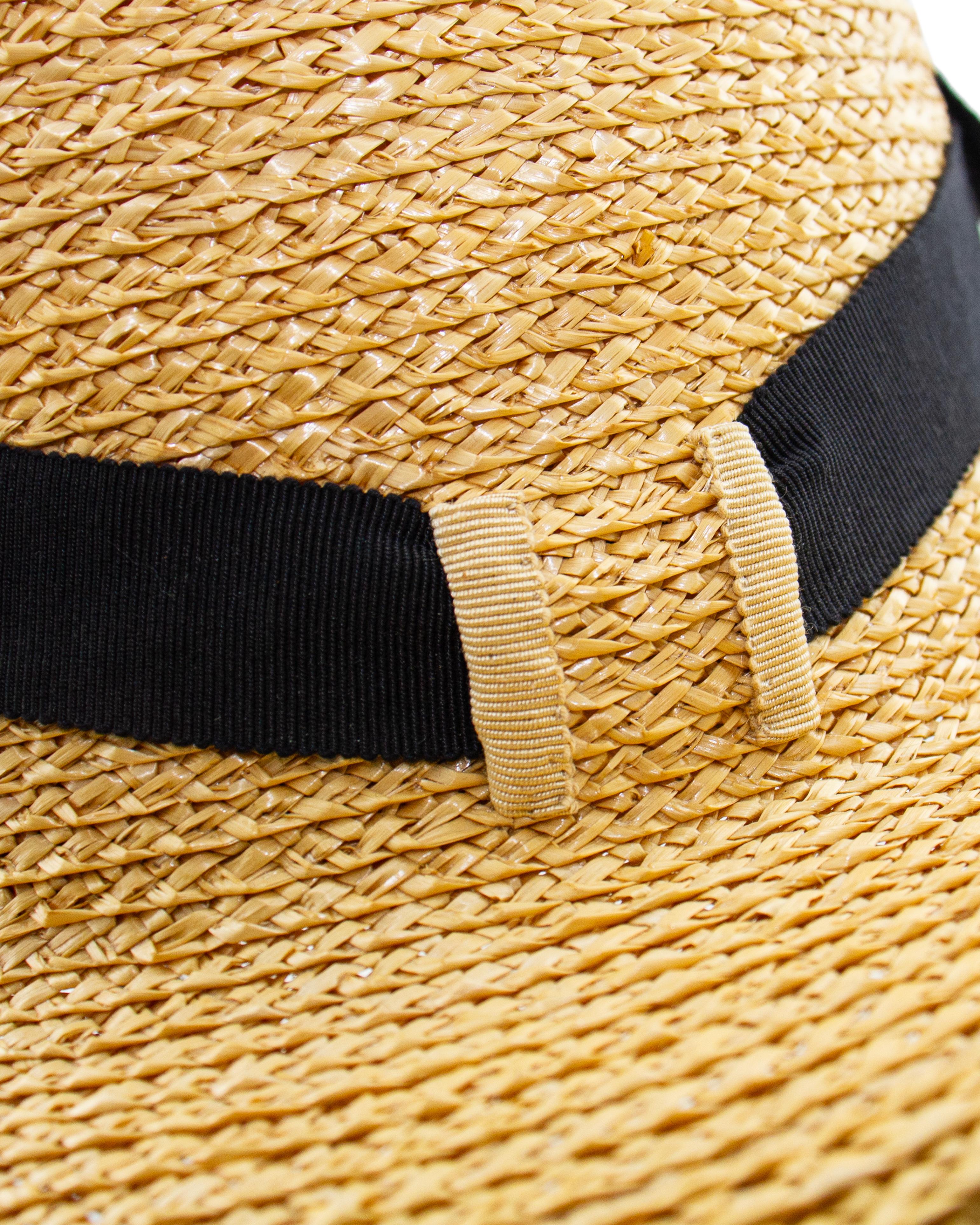 Beige Chapeau Chanel 1990 en paille avec ruban noir