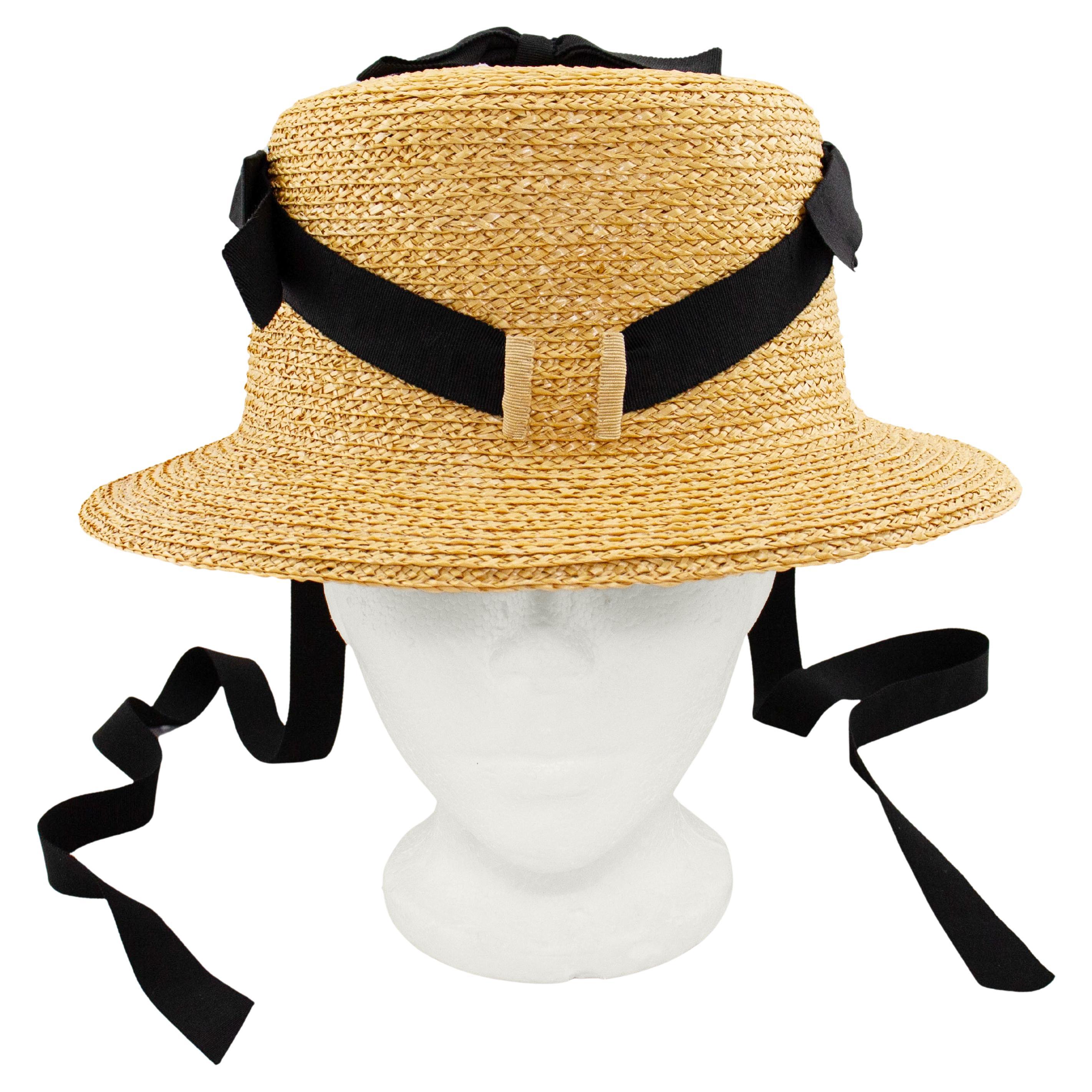 1990's Chanel Straw Bucket Style Hat with Black Ribbon
