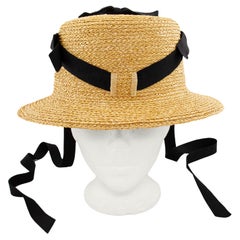 1990's Chanel Straw Bucket Style Hat with Black Ribbon