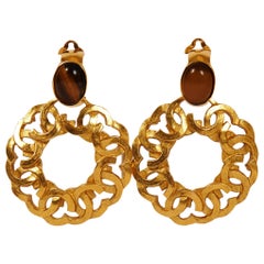 1990's Chanel Tiger's Eye Door Knocker Gold Earrings