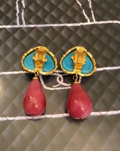 1990s Chanel Turquoise Heart Tear Drop Gripoix Earrings