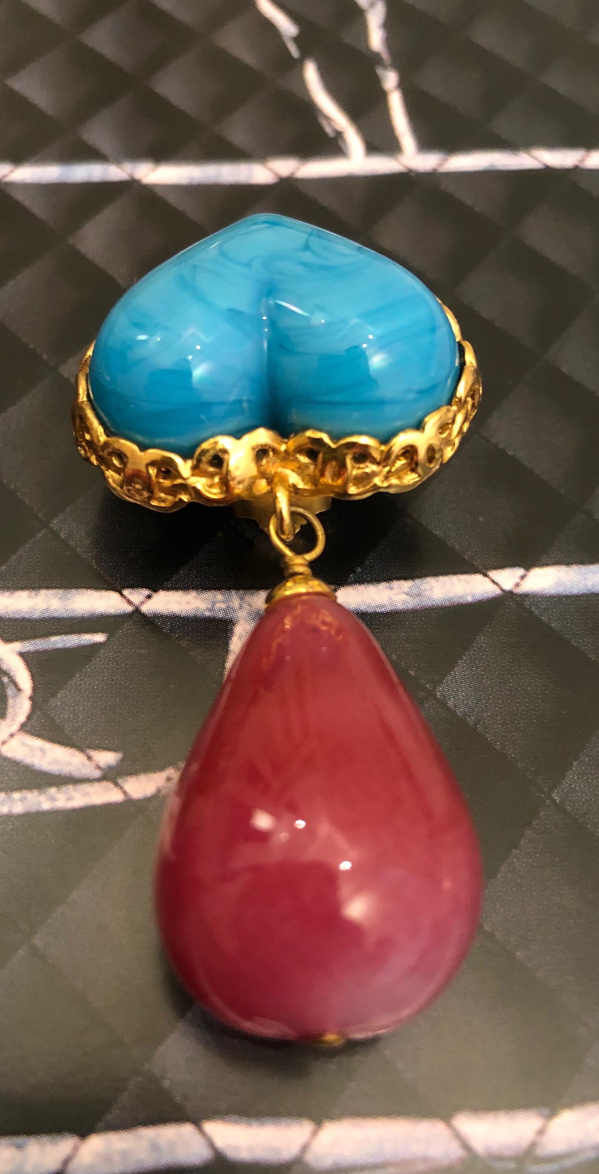 1990s Chanel Turquoise Heart Tear Drop Gripoix Earrings In Good Condition In Bangkok, TH
