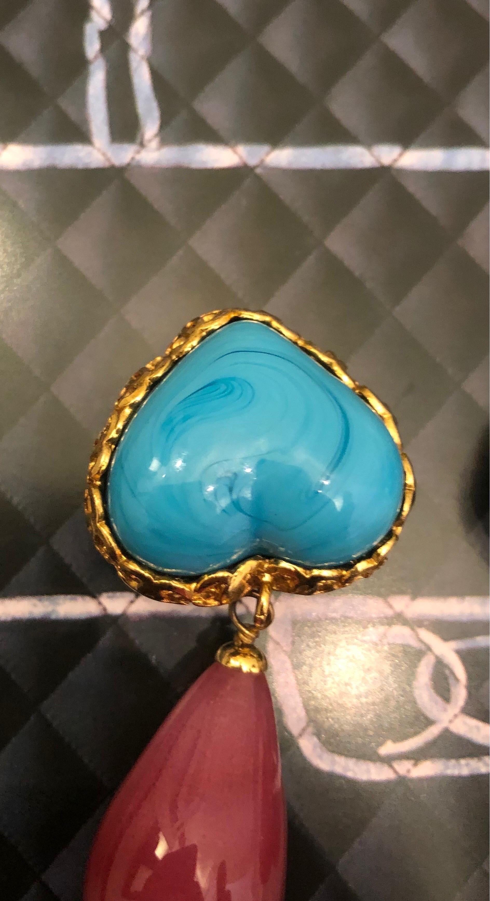 1990s Chanel Turquoise Heart Tear Drop Gripoix Earrings 1