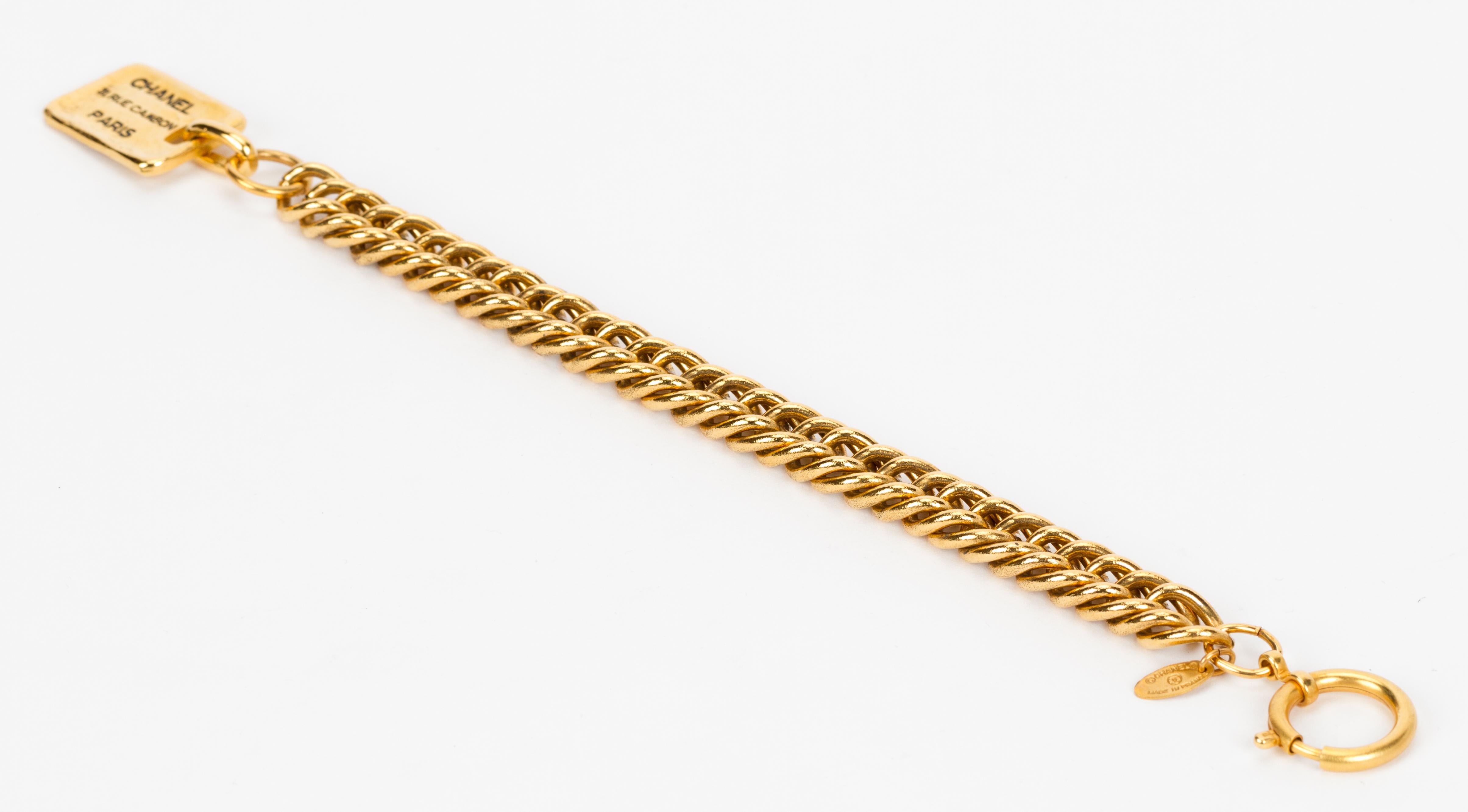 1990's Chanel Vintage Dog Tag Gold Chain Bracelet In Excellent Condition In West Hollywood, CA