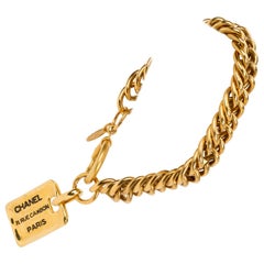 1990's Chanel Vintage Dog Tag Gold Chain Bracelet