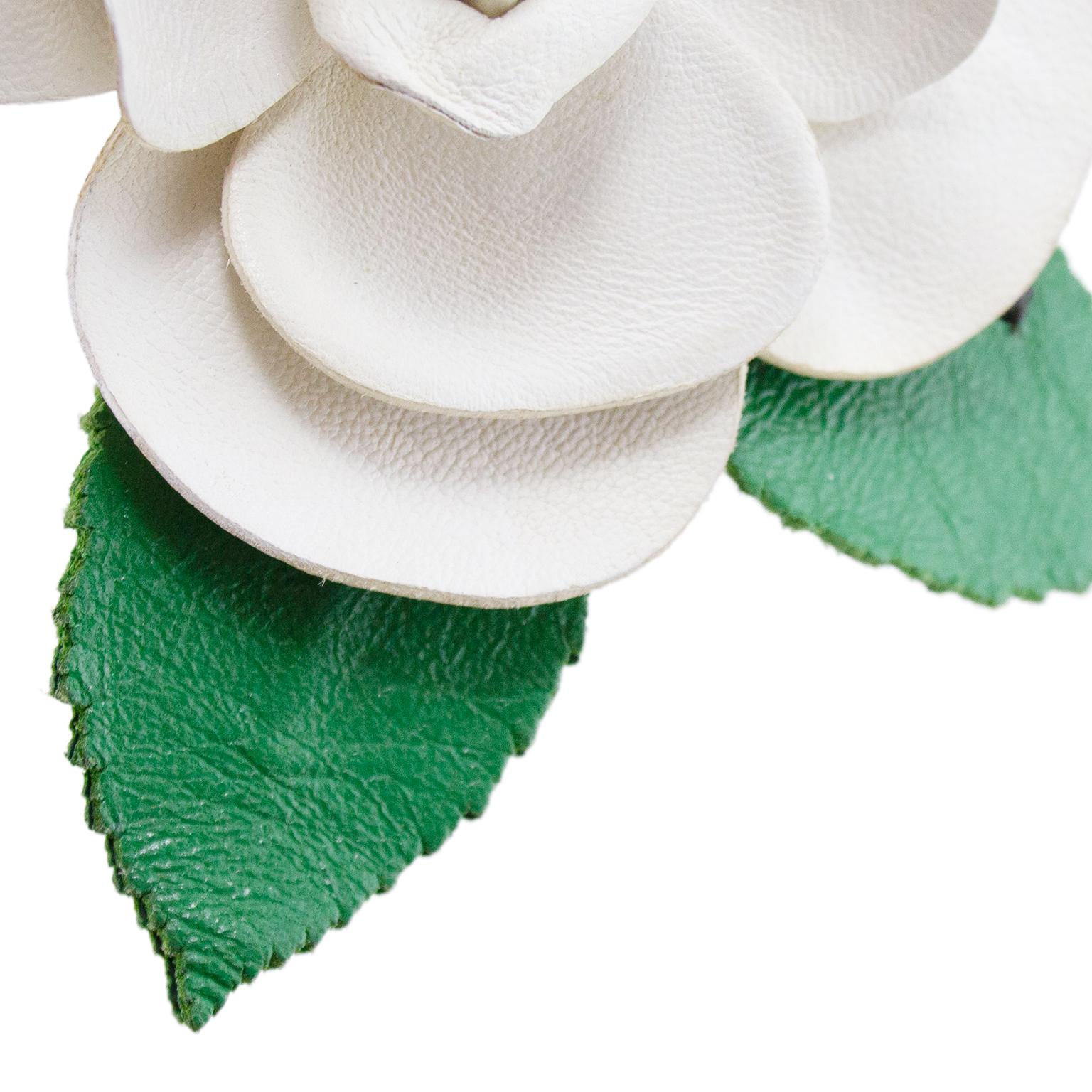 Gray 1990s Chanel White and Green Leather Camellia Pin