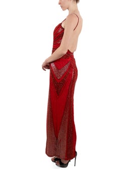 1990S Cherry Red Rayon & Silk Chiffon Fully Beaded Versace Style Backless Gown