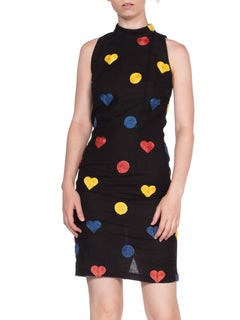 CHIARA BONI - Robe sans manches en lin noir avec cœurs et points en raphia, années 1990