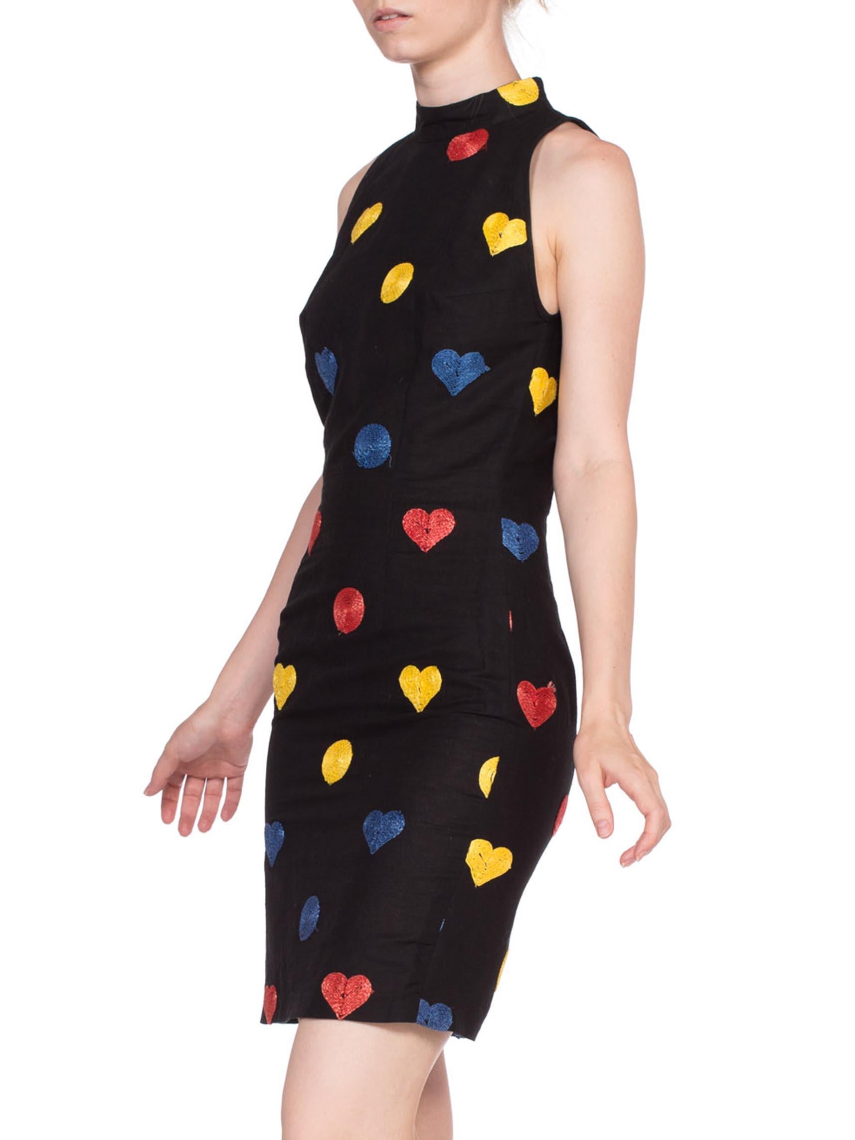 1990'S CHIARA BONI Black Linen Sleevless Dress With Raffia Hearts & Dots In Excellent Condition For Sale In New York, NY