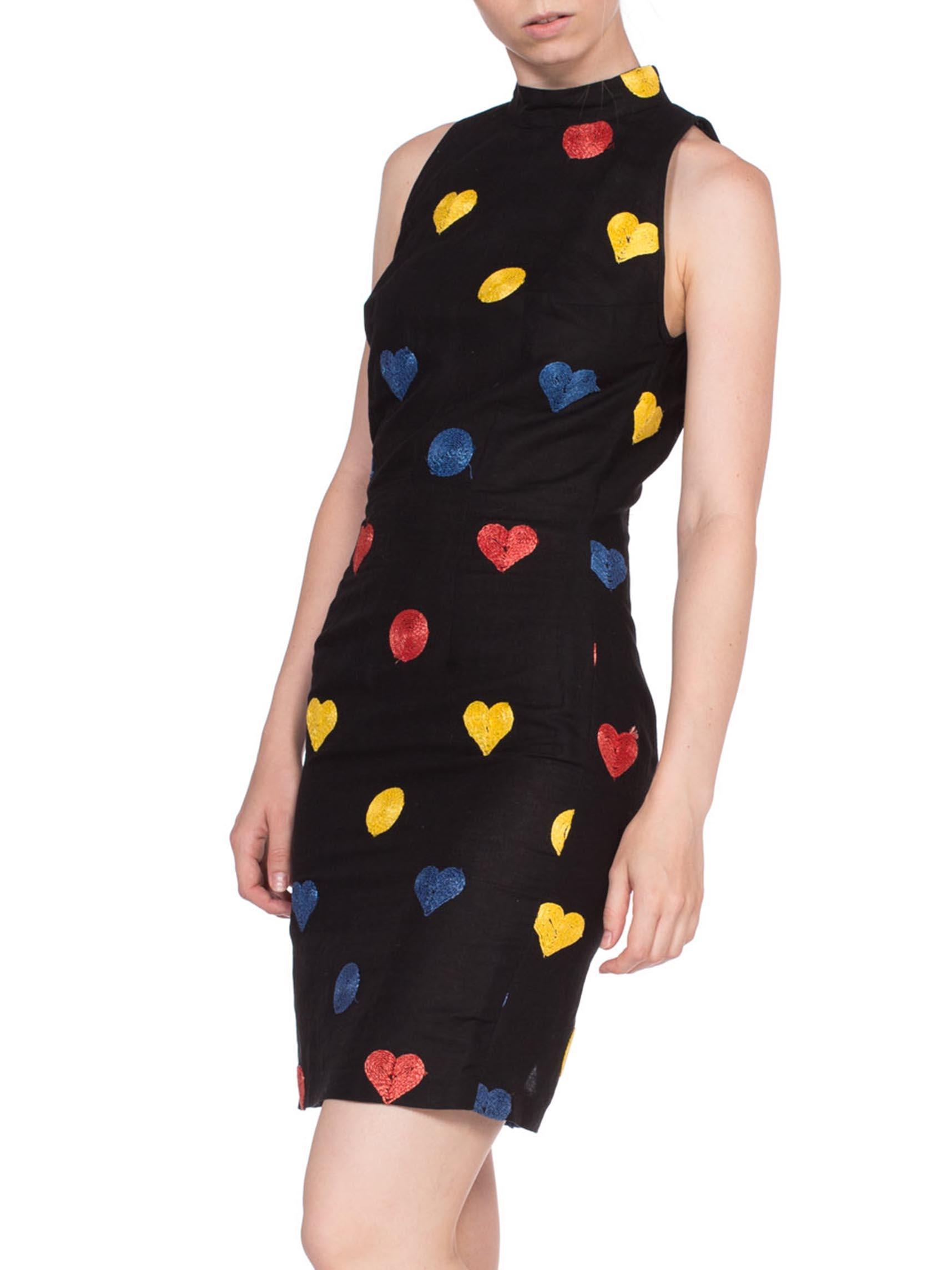 1990'S CHIARA BONI Black Linen Sleevless Dress With Raffia Hearts & Dots For Sale 2