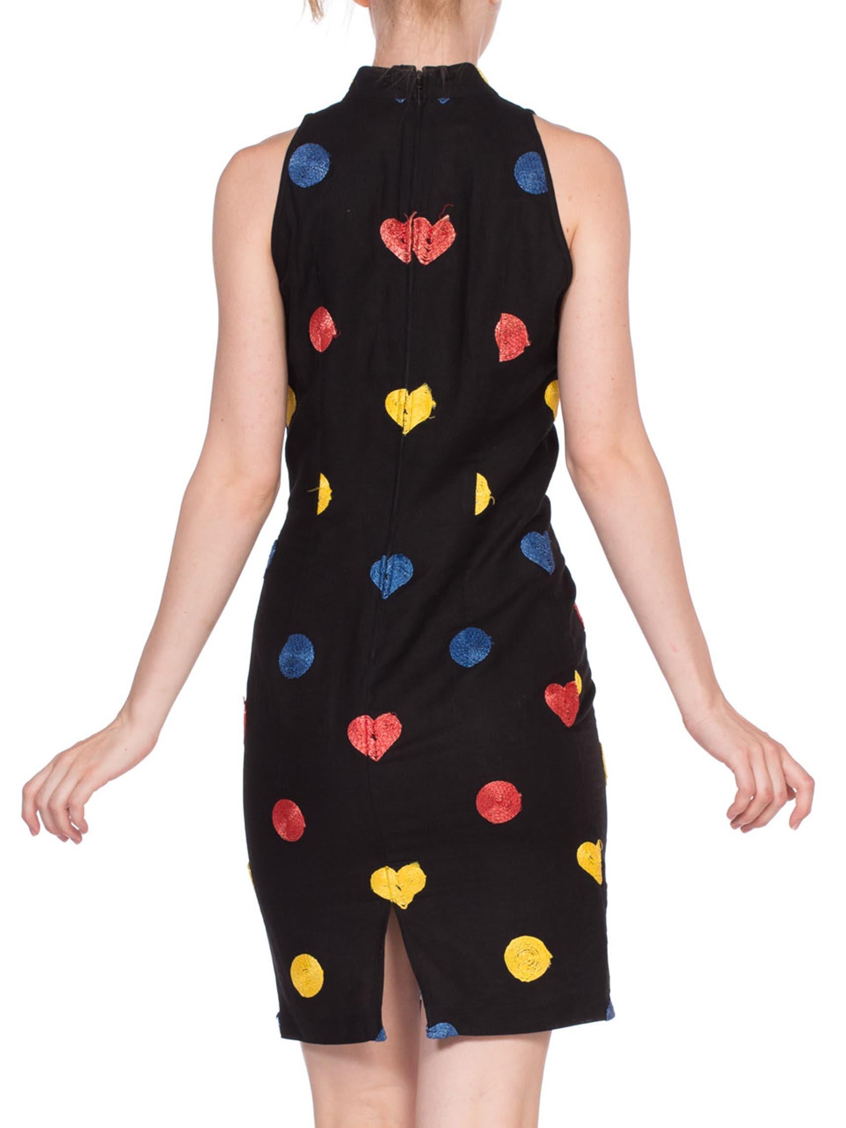 1990'S CHIARA BONI Black Linen Sleevless Dress With Raffia Hearts & Dots For Sale 3