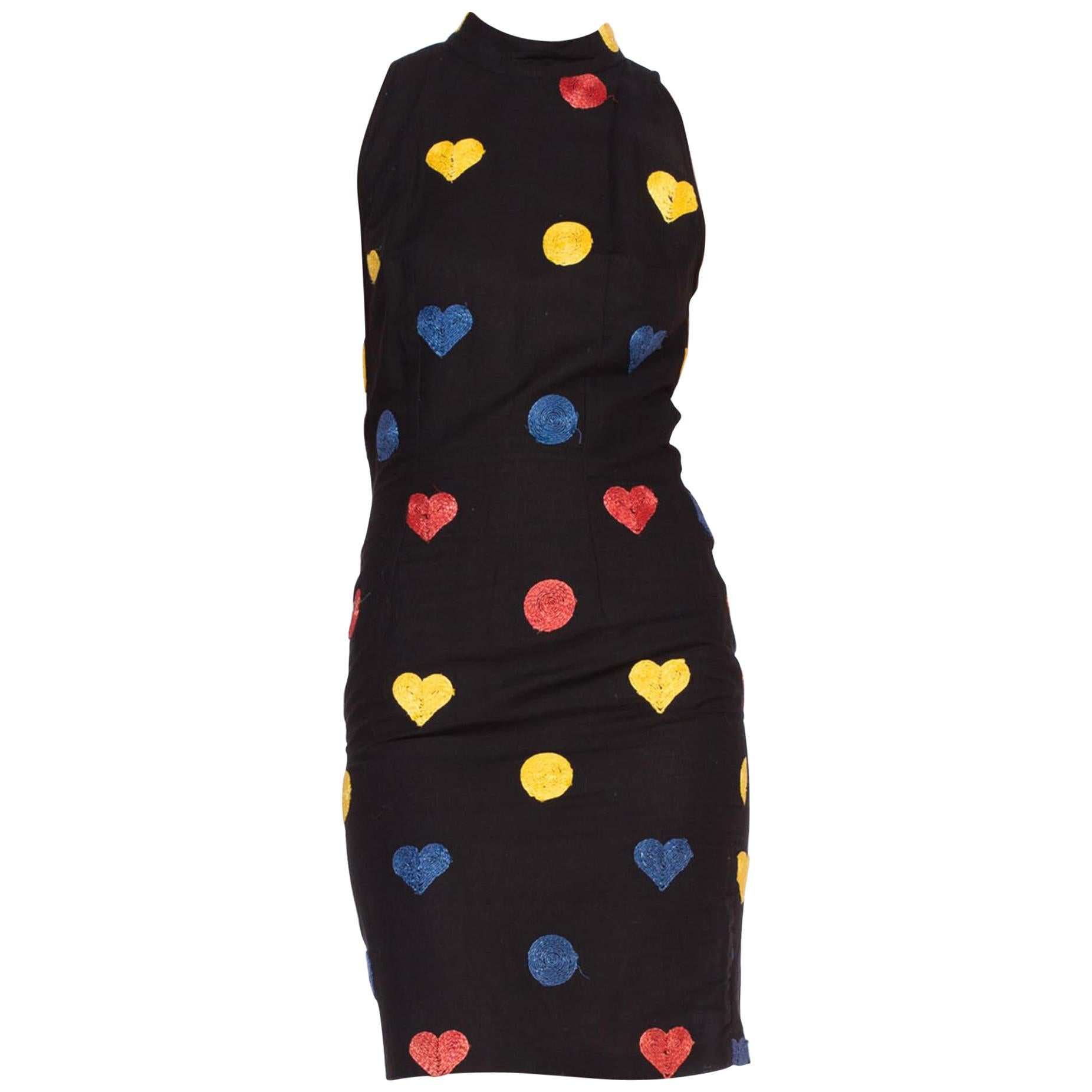 1990'S CHIARA BONI Black Linen Sleevless Dress With Raffia Hearts & Dots For Sale
