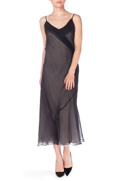 1990S Silver Grey Silk Chiffon 4-Layer Sheer Bias Cut  Slip Dress