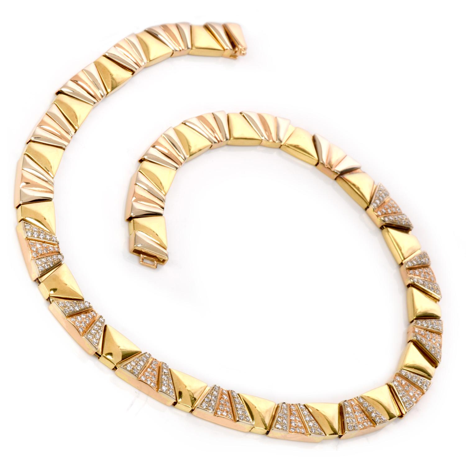 This classically Chimento necklace with pave diamonds is crafted in solid18-karat tri color gold, weighing 85.3 grams and measuring 17 inches long x 10 mm wide.

The necklace incorporates an assemblage of triangular-formatted profiles inversely