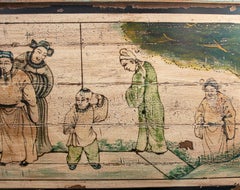 1990s Chinese Hand Painted Oil on Wood People Scene