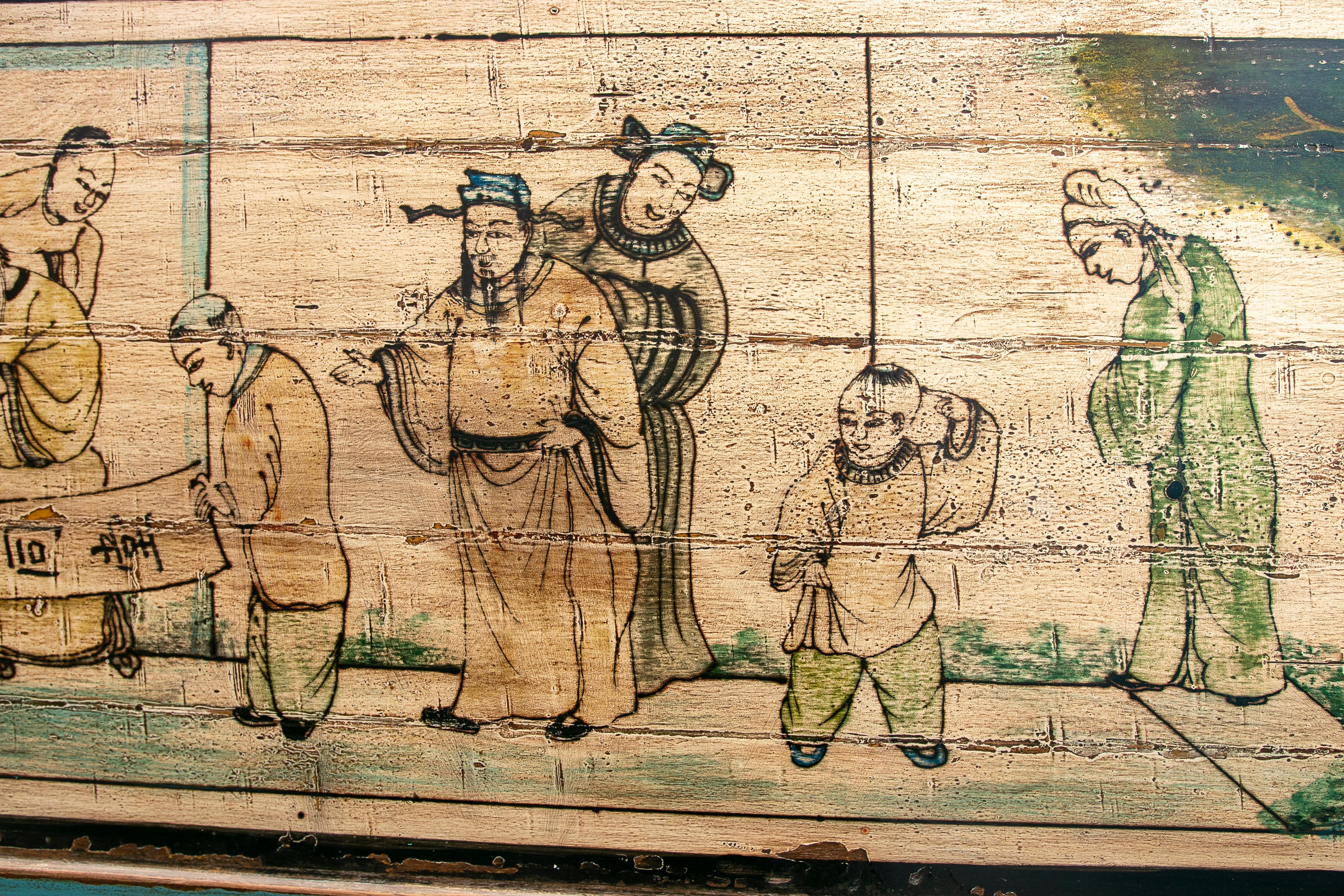 1990er Jahre Chinesische handbemalte Öl auf Holz, Menschenszene, 1990er Jahre (Asiatisch) im Angebot