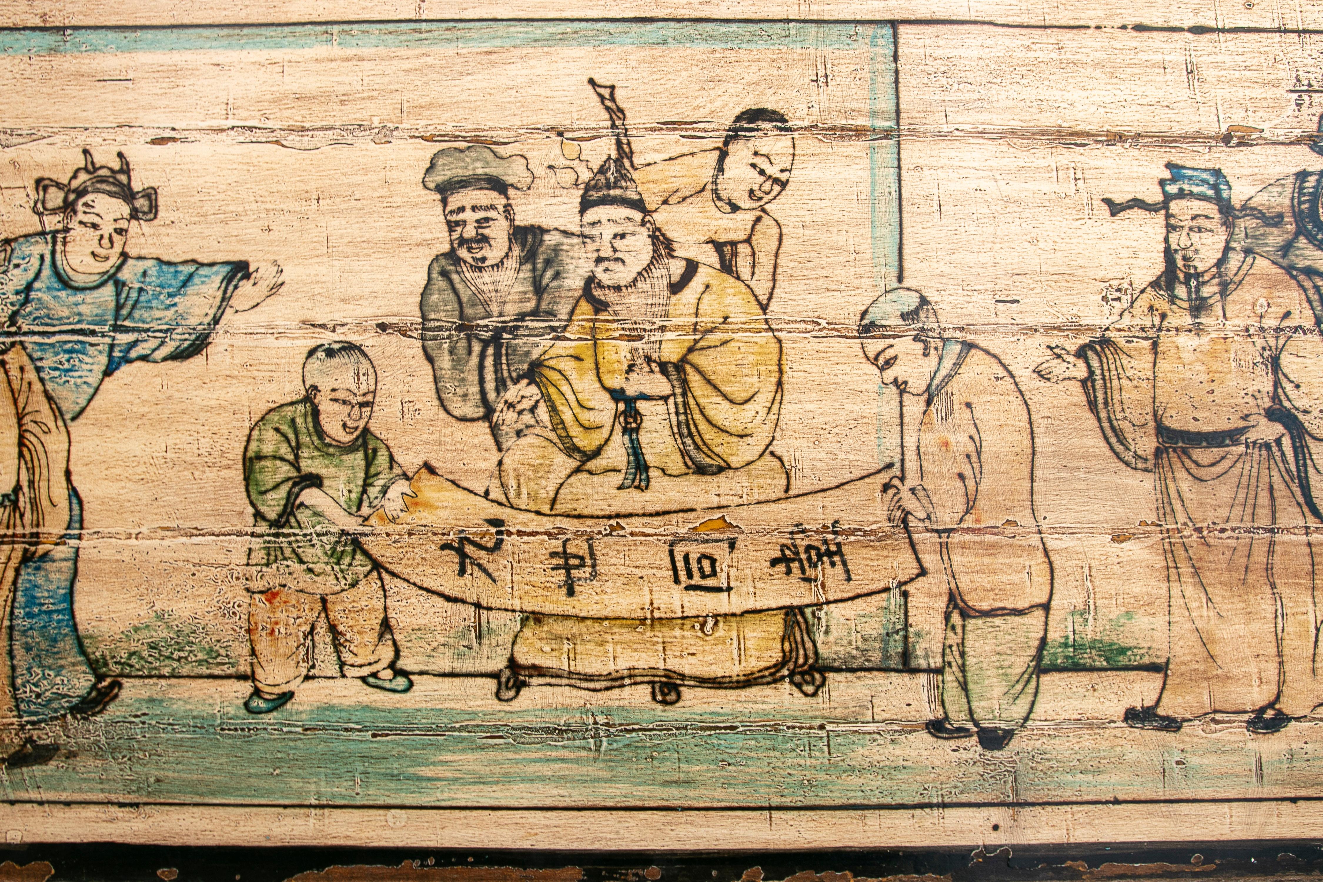 1990er Jahre Chinesische handbemalte Öl auf Holz, Menschenszene, 1990er Jahre (20. Jahrhundert) im Angebot