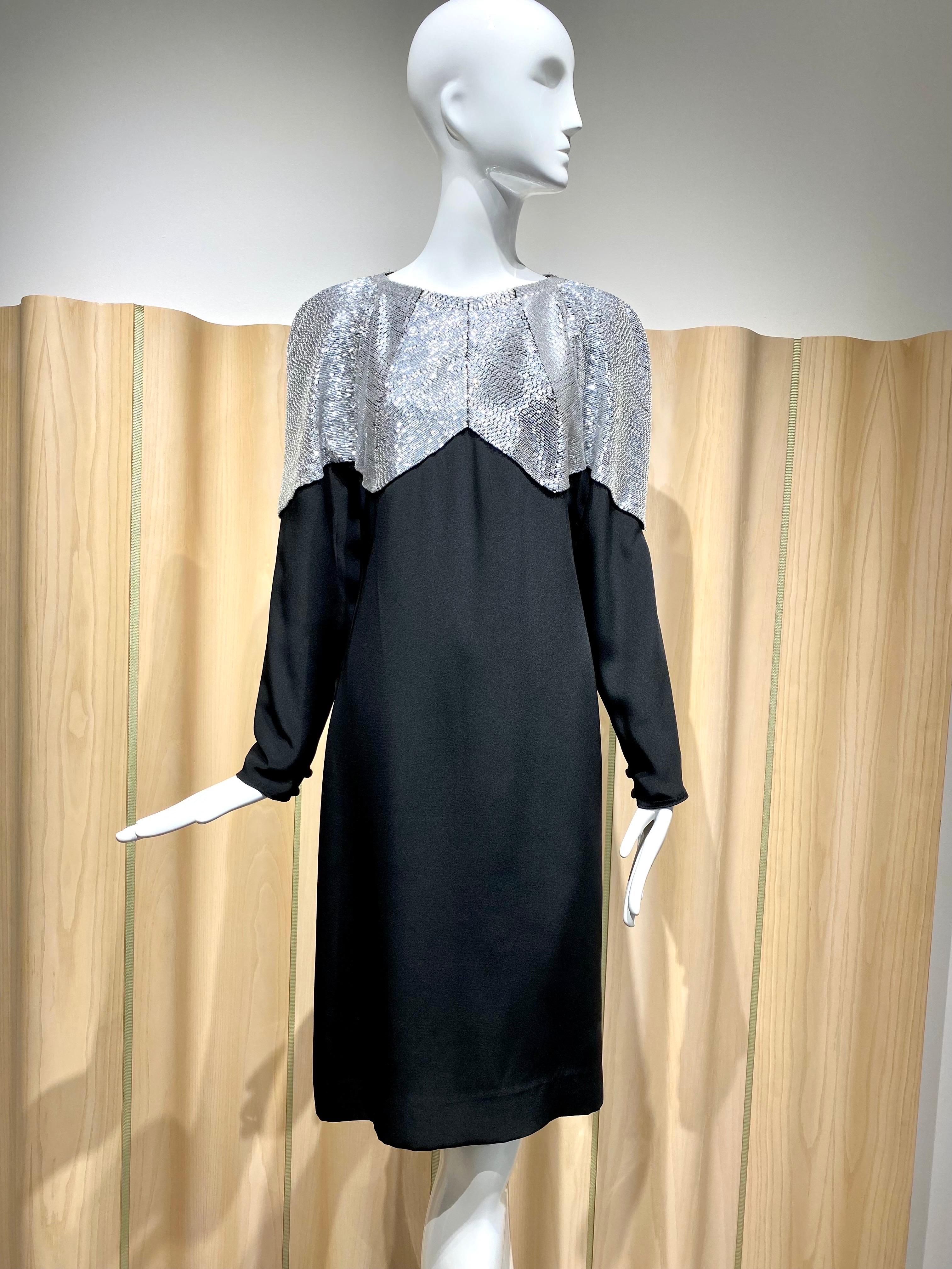 1990s Chloe by Karl Lagerfeld Black crepe Long sleeves Cocktail Dress with silver beading. 
Size: 4
Bust: 32” / Waist: 32”/ Hip: 40”/ Sleeve: 24” / Dress length: 39”
