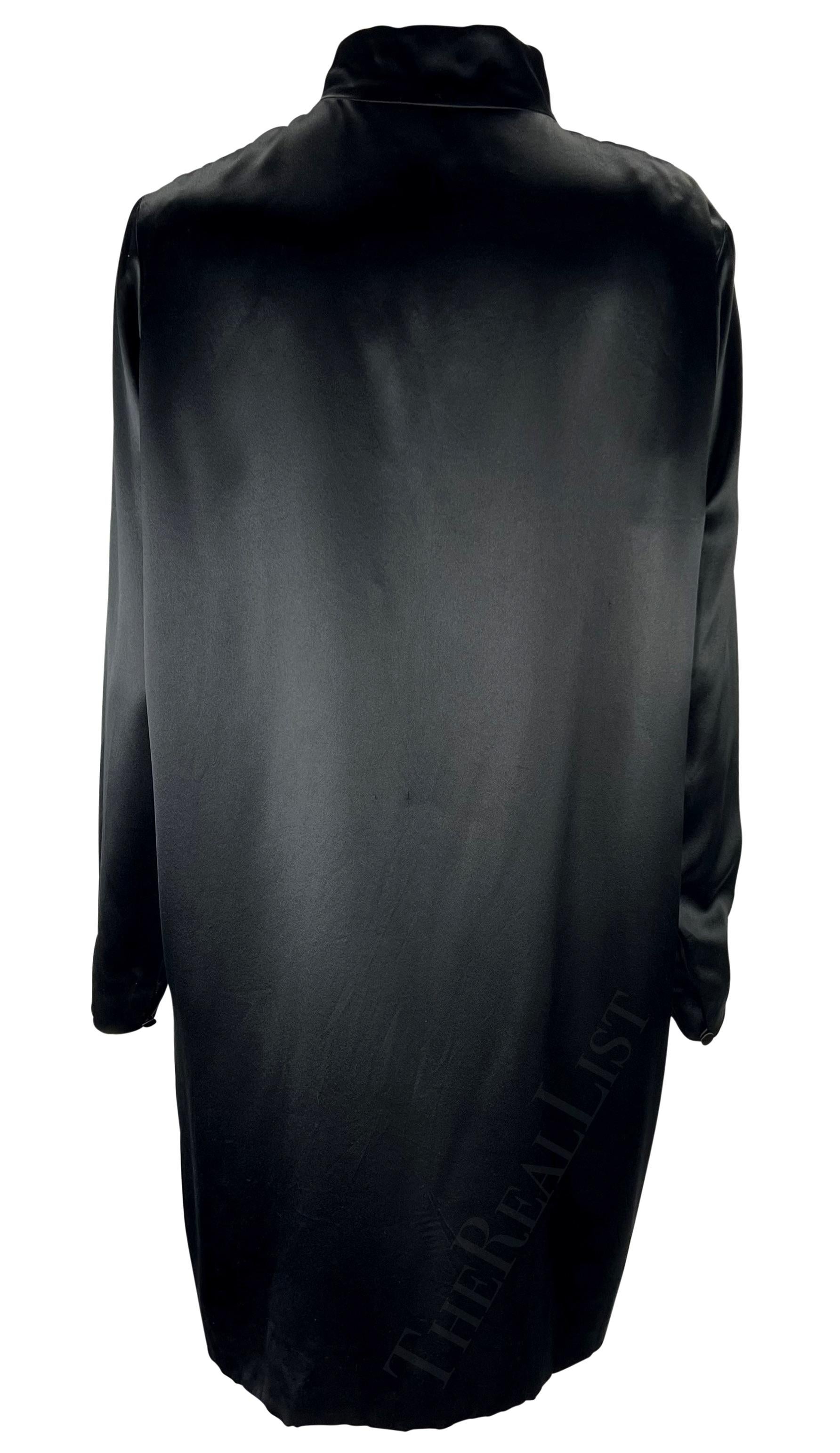 1990s Chloé Black Oversized Black Satin Plunging Mandarin Collar Shift Dress For Sale 1