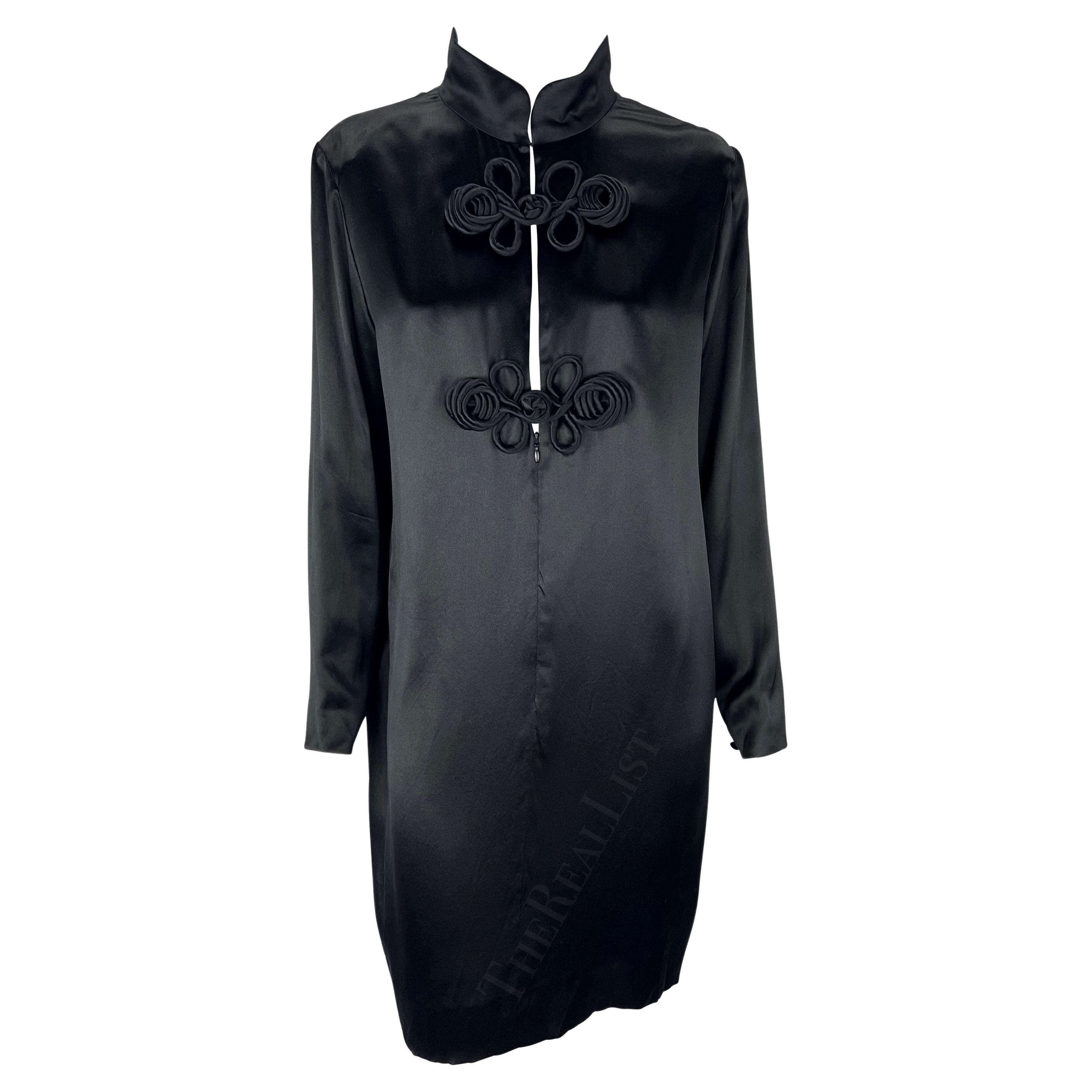 1990s Chloé Black Oversized Black Satin Plunging Mandarin Collar Shift Dress For Sale