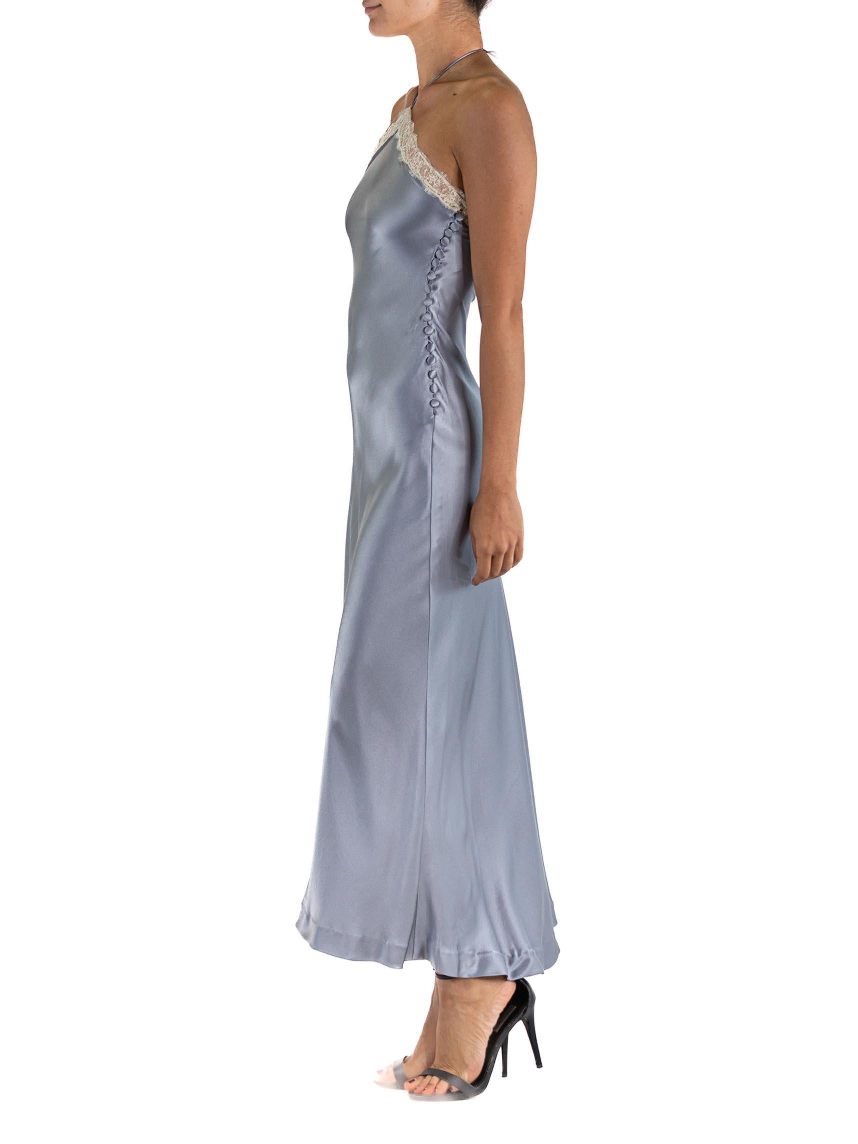 1990S CHLOE Silver Bias Cut Silk Charmeuse  Halter Gown With Lace Trim & Galliano Style Side Buttons