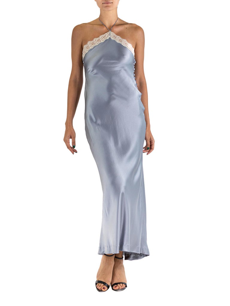 1990S CHLOE Silver Bias Cut Silk Charmeuse Halter Gown With Lace Trim and  Gallia at 1stDibs | silver silk gown, silver halter gown, silver silk dress