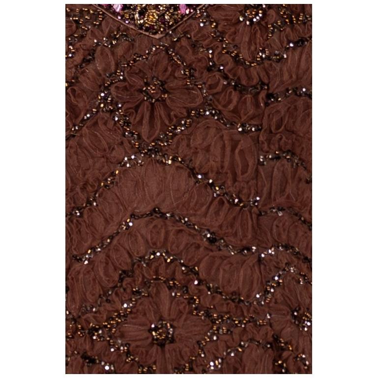 1990S Chocolate Brown Beaded Silk & Nylon Ribbon Lace Gown With Pink Accents For Sale 5