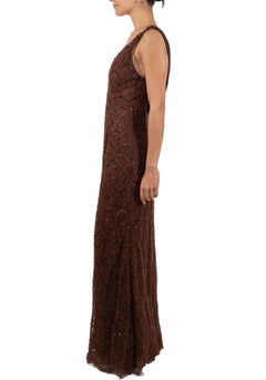 1990S Chocolate Brown Beaded Silk & Nylon Ribbon Lace Gown With Pink Accents