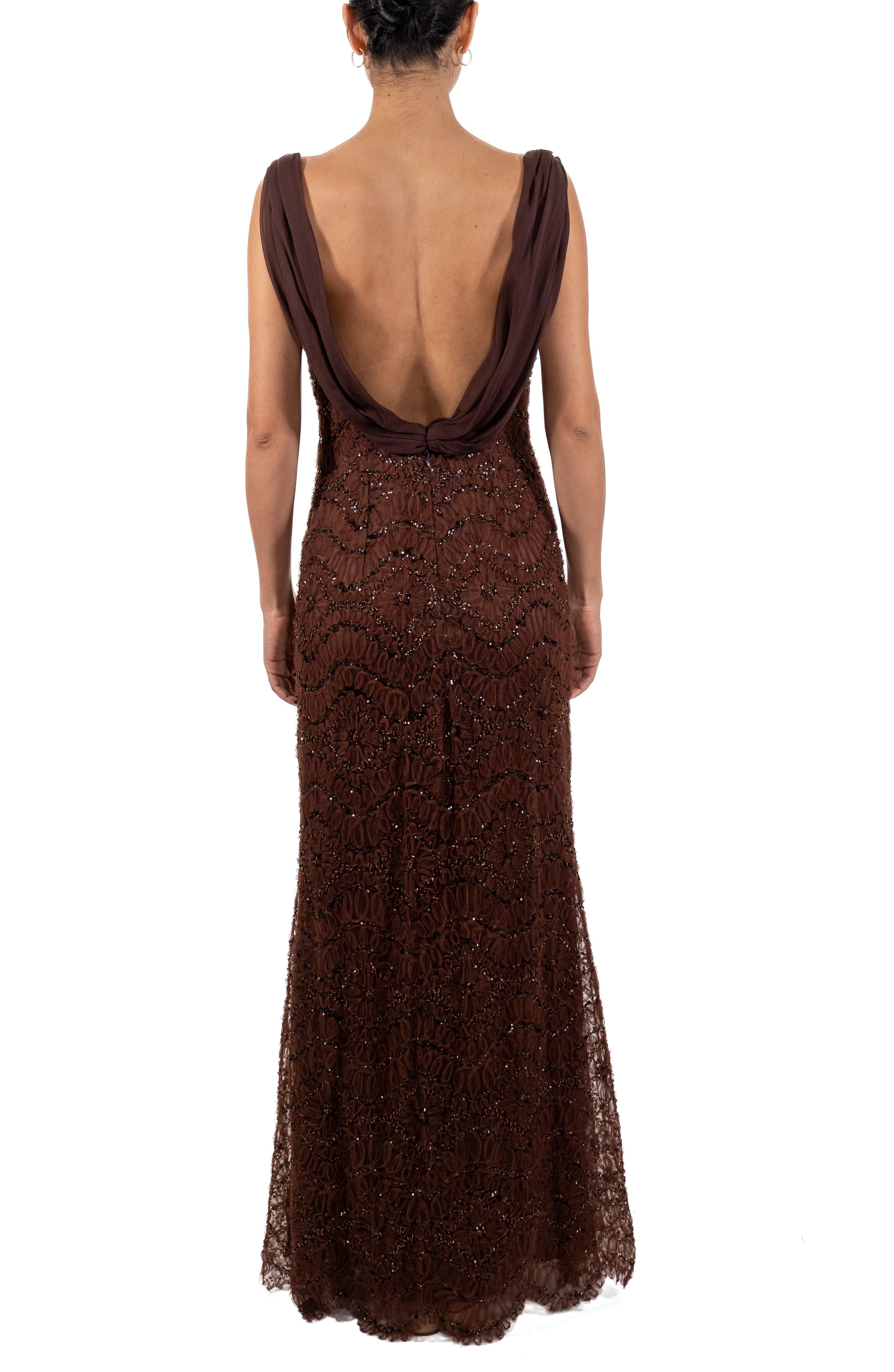 Black 1990S Chocolate Brown Beaded Silk & Nylon Ribbon Lace Gown With Pink Accents For Sale