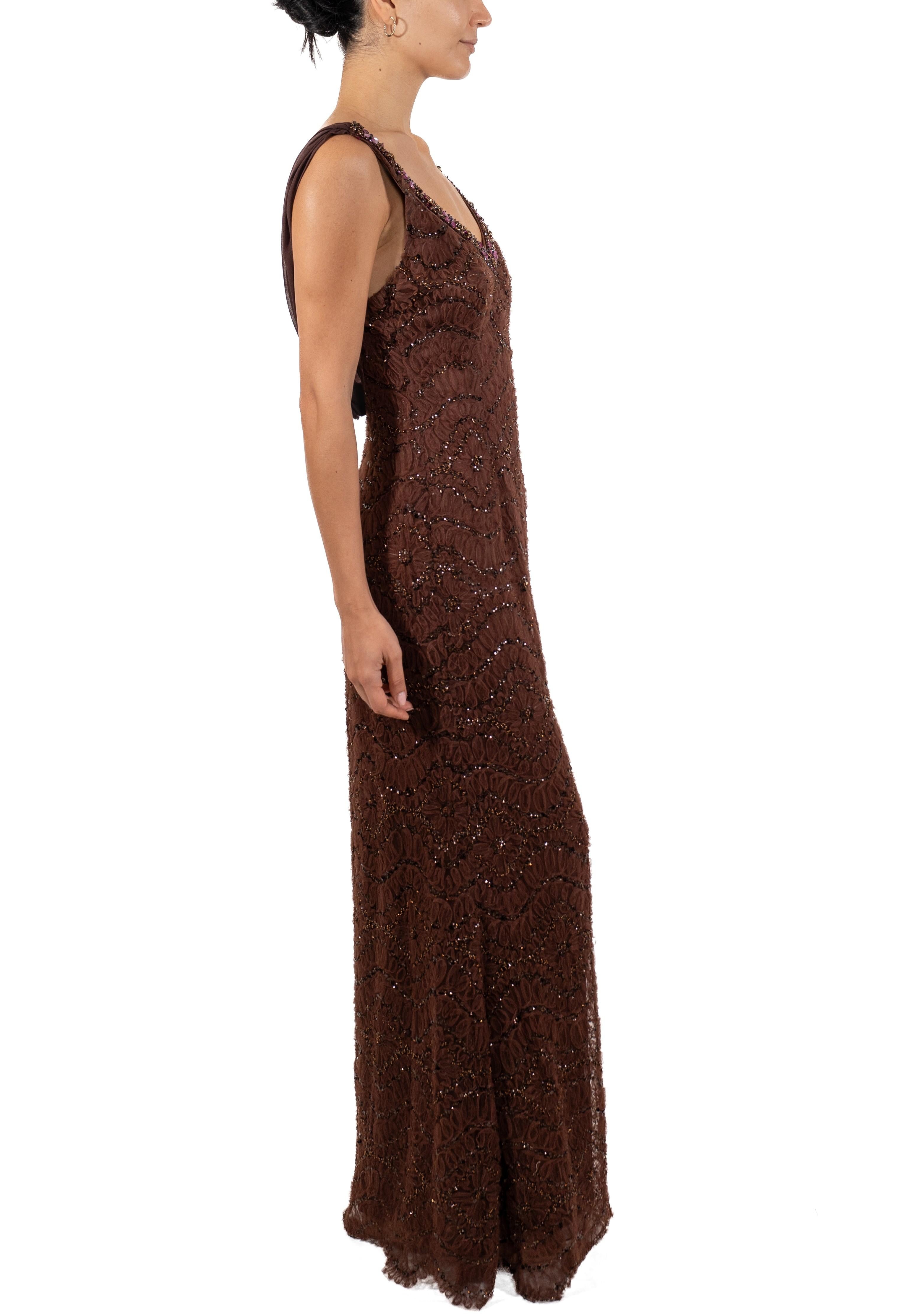 1990S Chocolate Brown Beaded Silk & Nylon Ribbon Lace Gown With Pink Accents In Good Condition For Sale In New York, NY