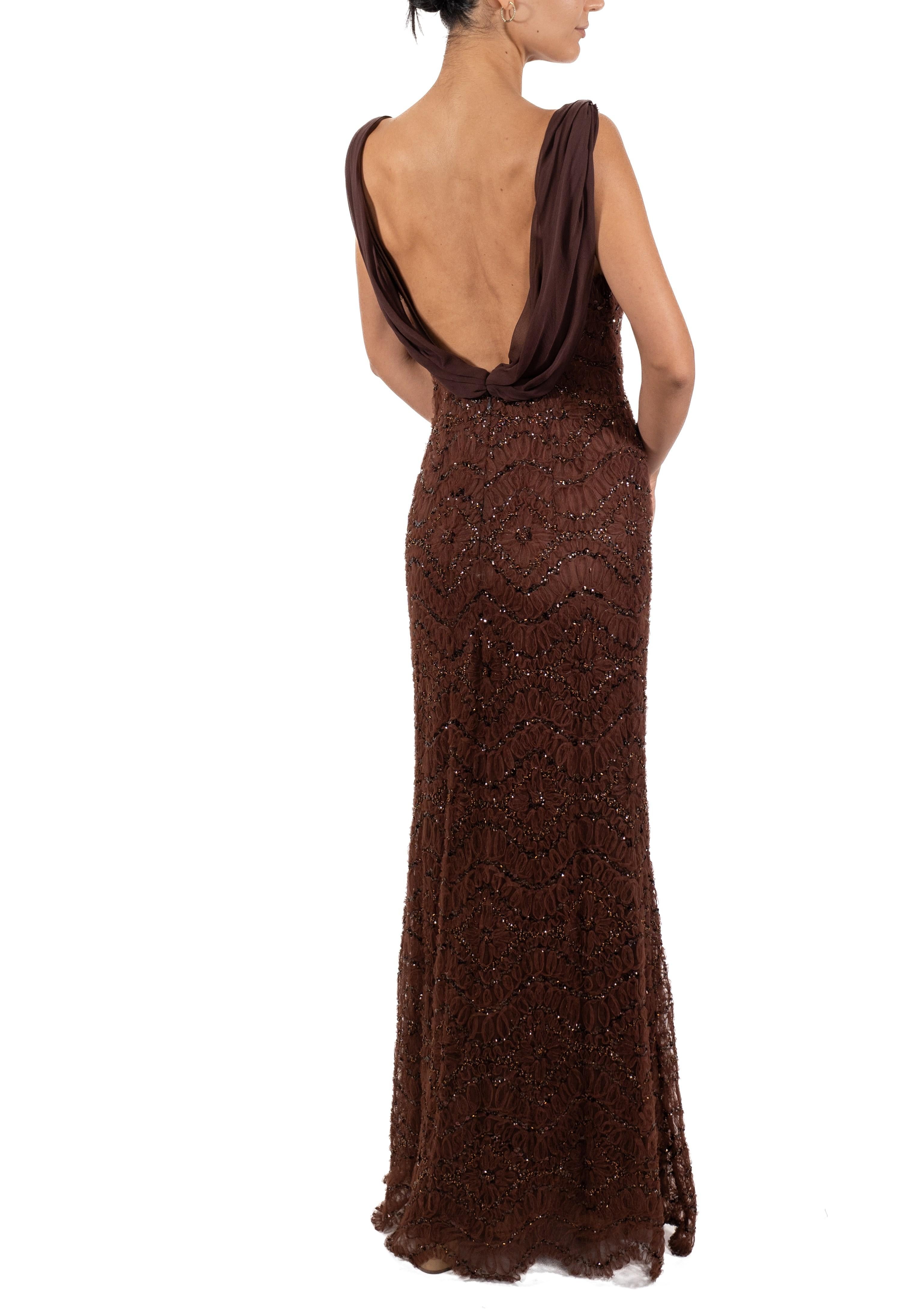 1990S Chocolate Brown Beaded Silk & Nylon Ribbon Lace Gown With Pink Accents For Sale 1