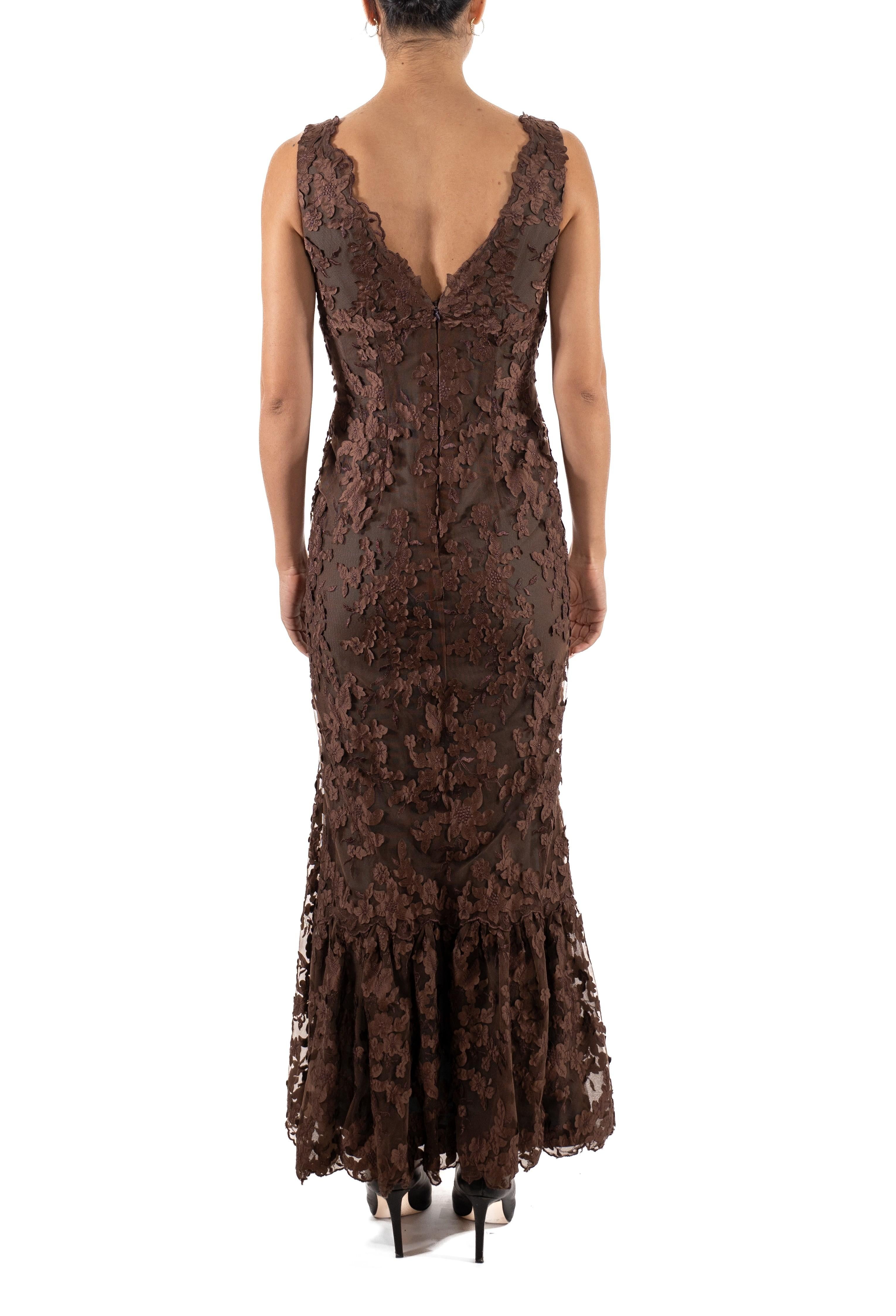 1990S Chocolate Brown Rayon & Silk Burnout Chiffon Gown For Sale 2