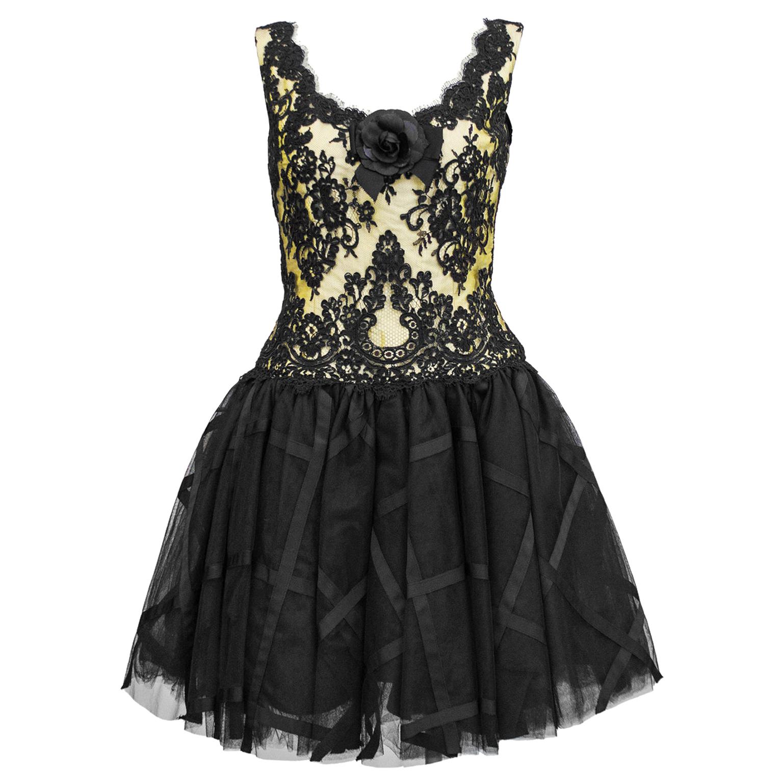 1990s Chris Kole Yellow and Black Lace & Tulle Cocktail Dress 