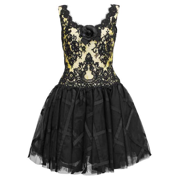 1990s Chris Kole Yellow and Black Lace and Tulle Cocktail Dress For ...