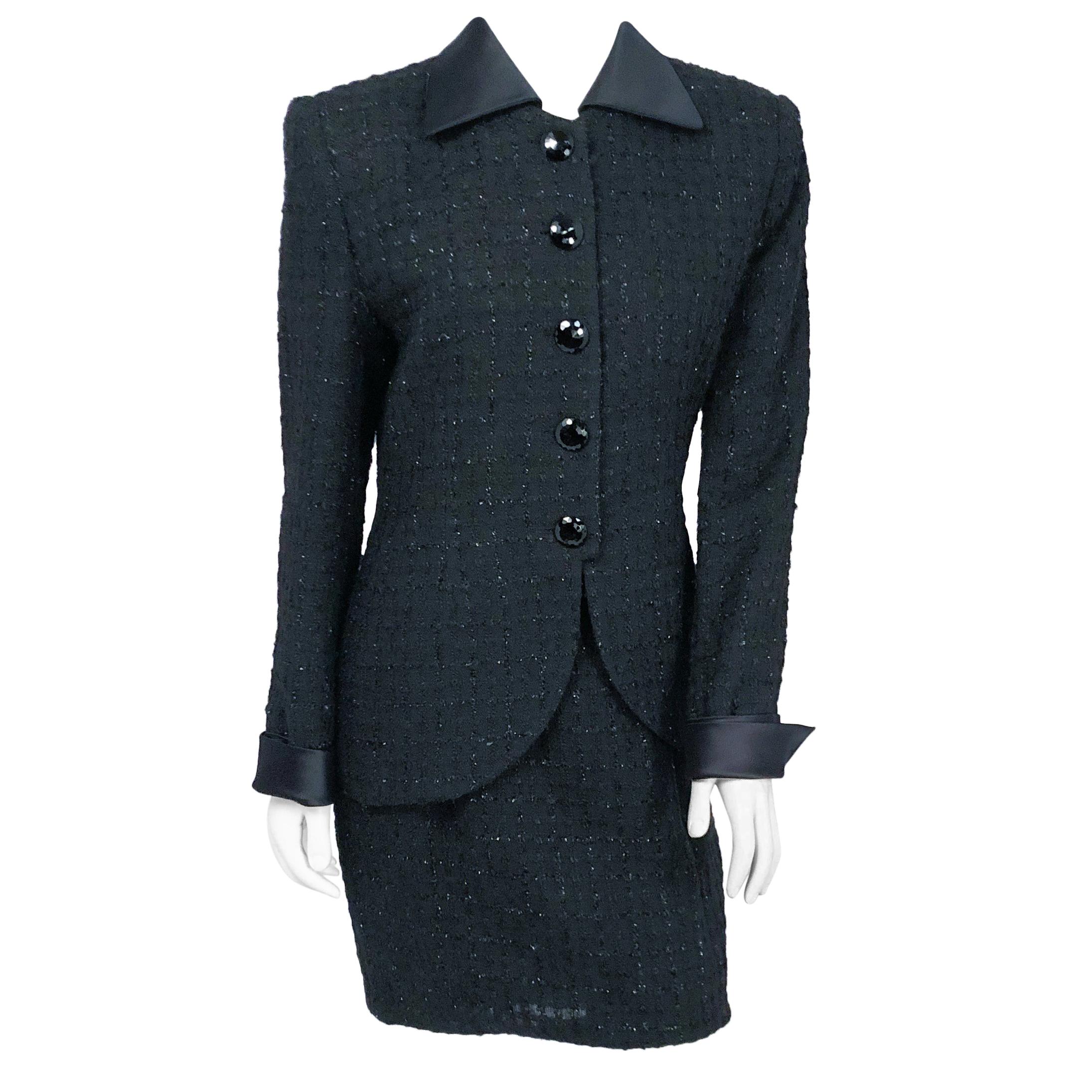 1990s Christian Dior Black and Metallic Tweed Suit