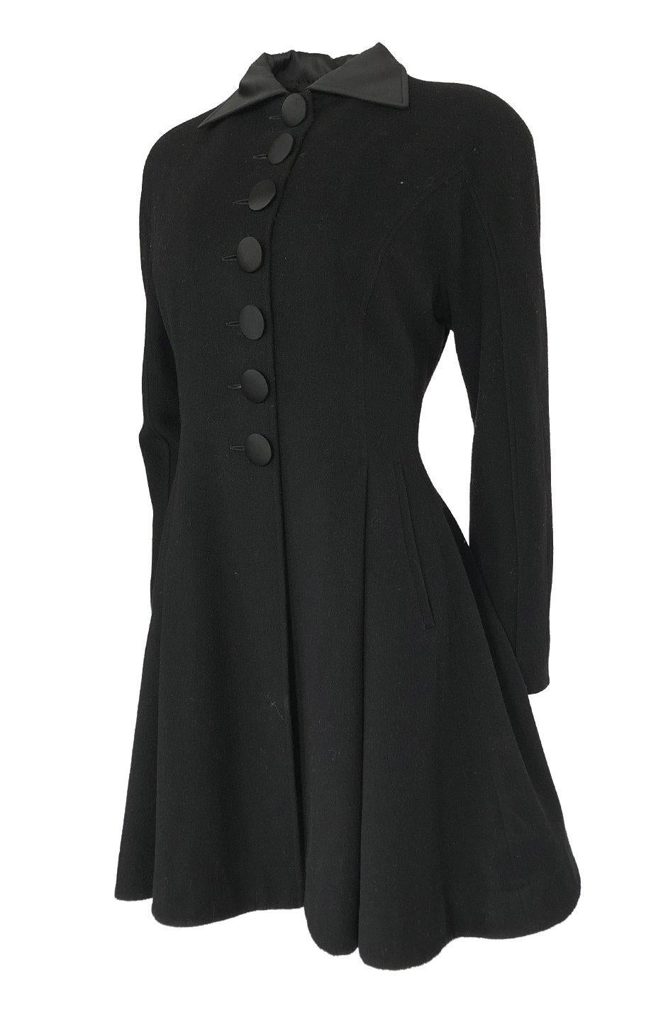 1990s Christian Dior Black Full Skirted Skater Coat W Satin Collar & Buttons In Excellent Condition In Rockwood, ON
