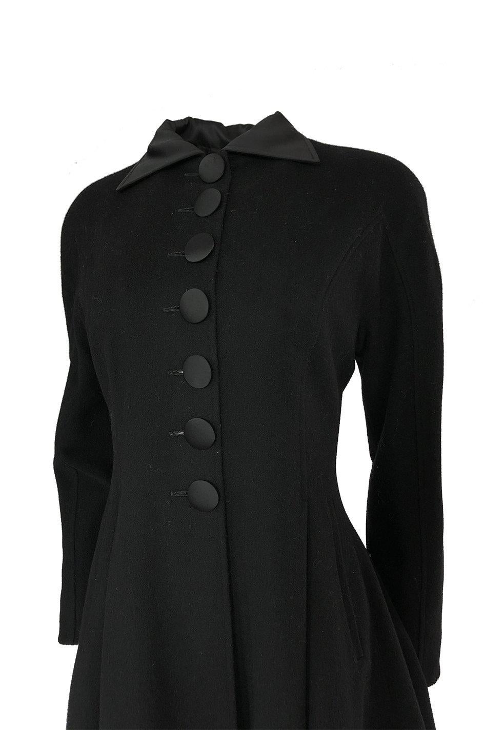 1990s Christian Dior Black Full Skirted Skater Coat W Satin Collar & Buttons 1