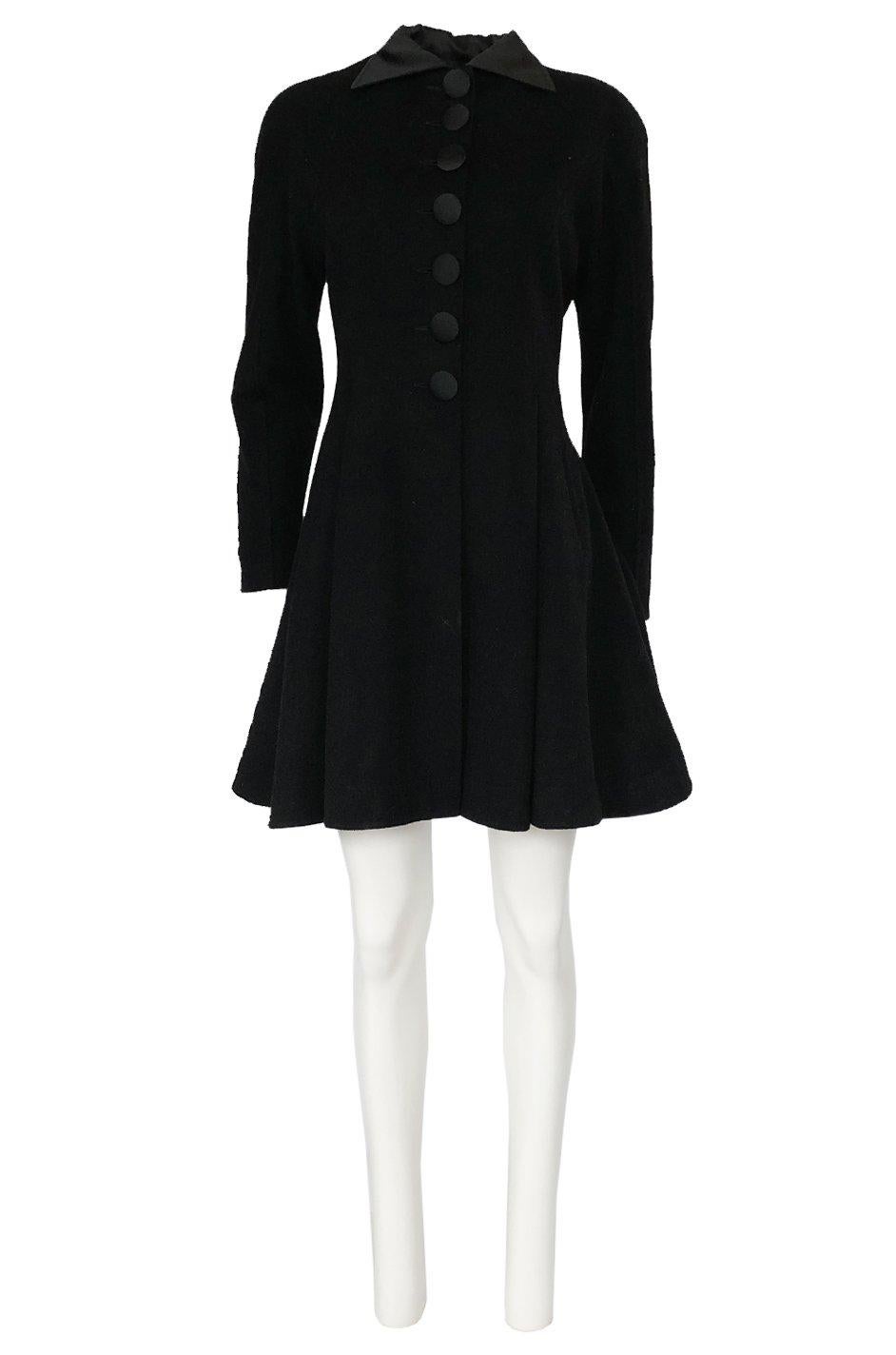 1990s Christian Dior Black Full Skirted Skater Coat W Satin Collar & Buttons 2